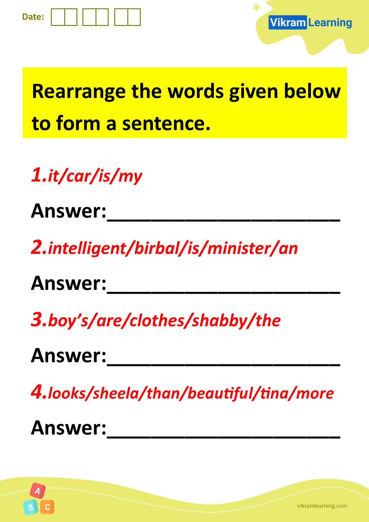 Download rearrange the words given below to form a sentence worksheets