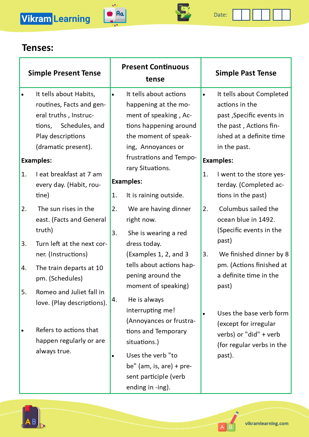 Download types of tenses:  explanation of simple preset tense explanation, present continuous tense, simple past tense with examples, worksheets on tenses worksheets