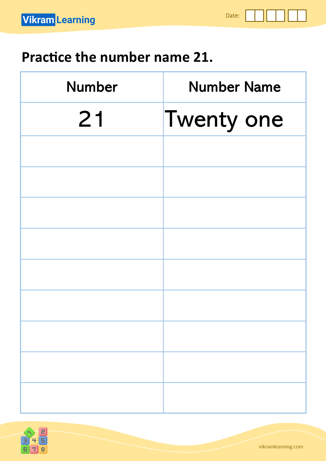 Download practice the number name 21 worksheets