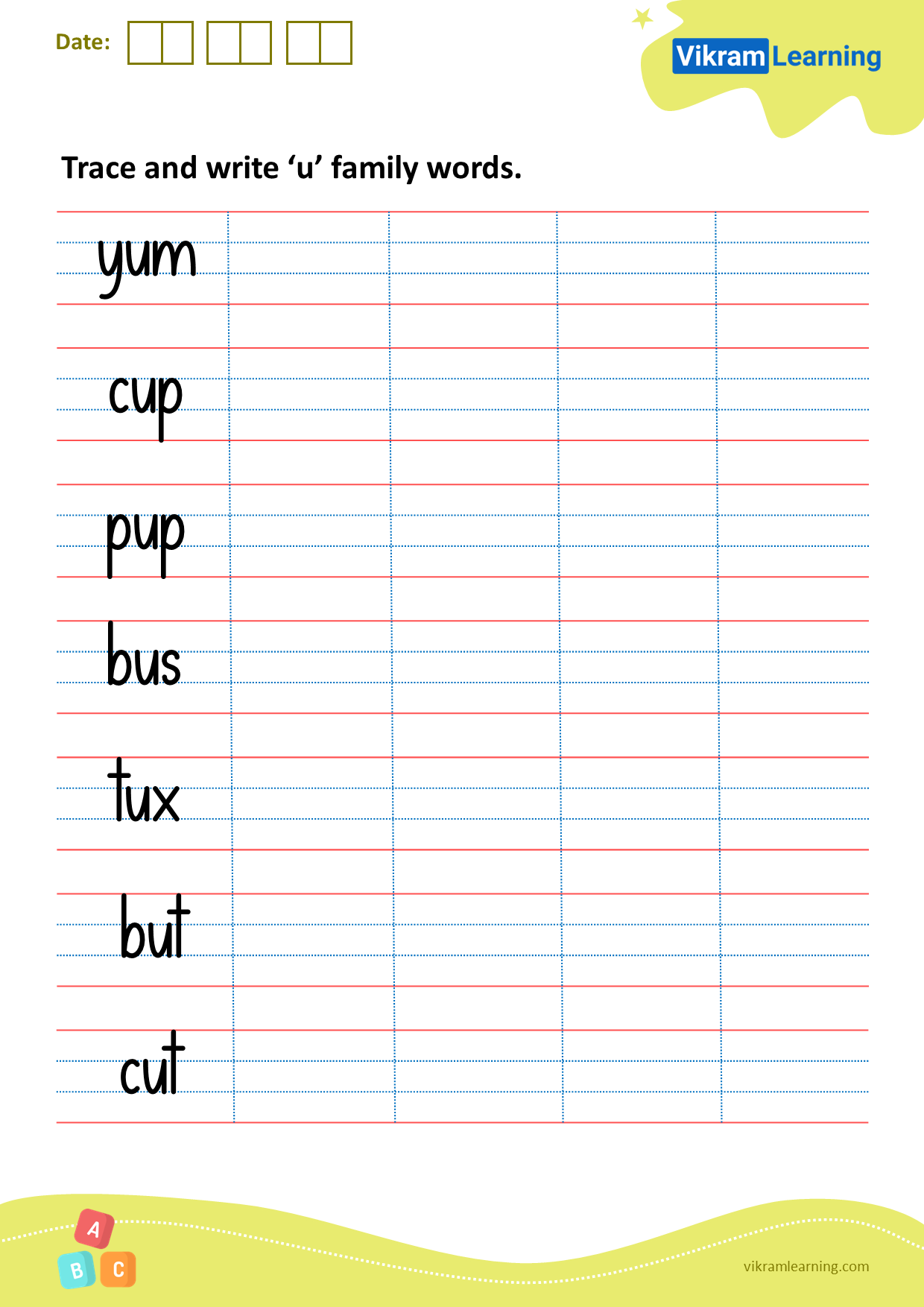 Download trace and write ‘u’ family words worksheets