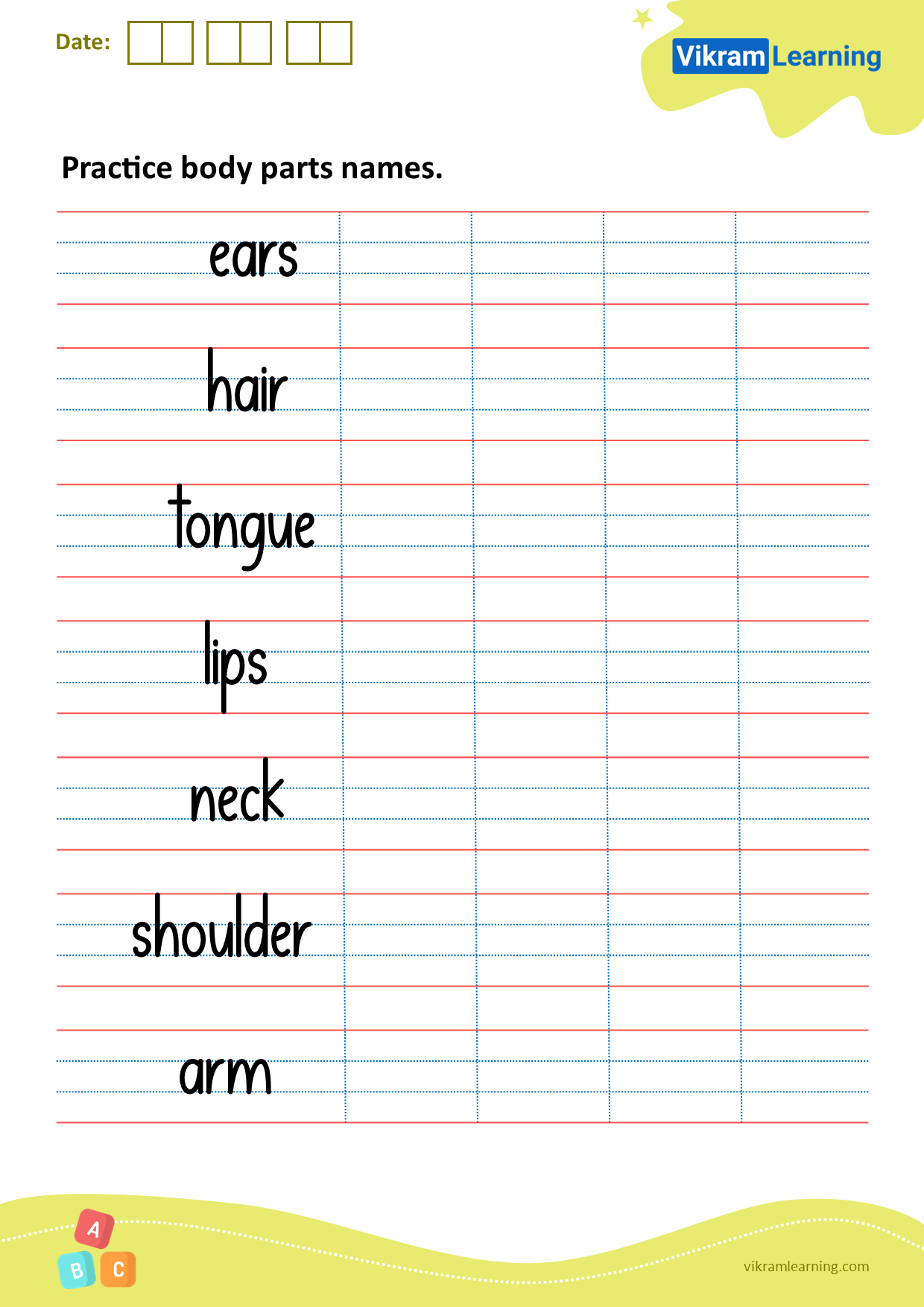 Download practice body parts names worksheets