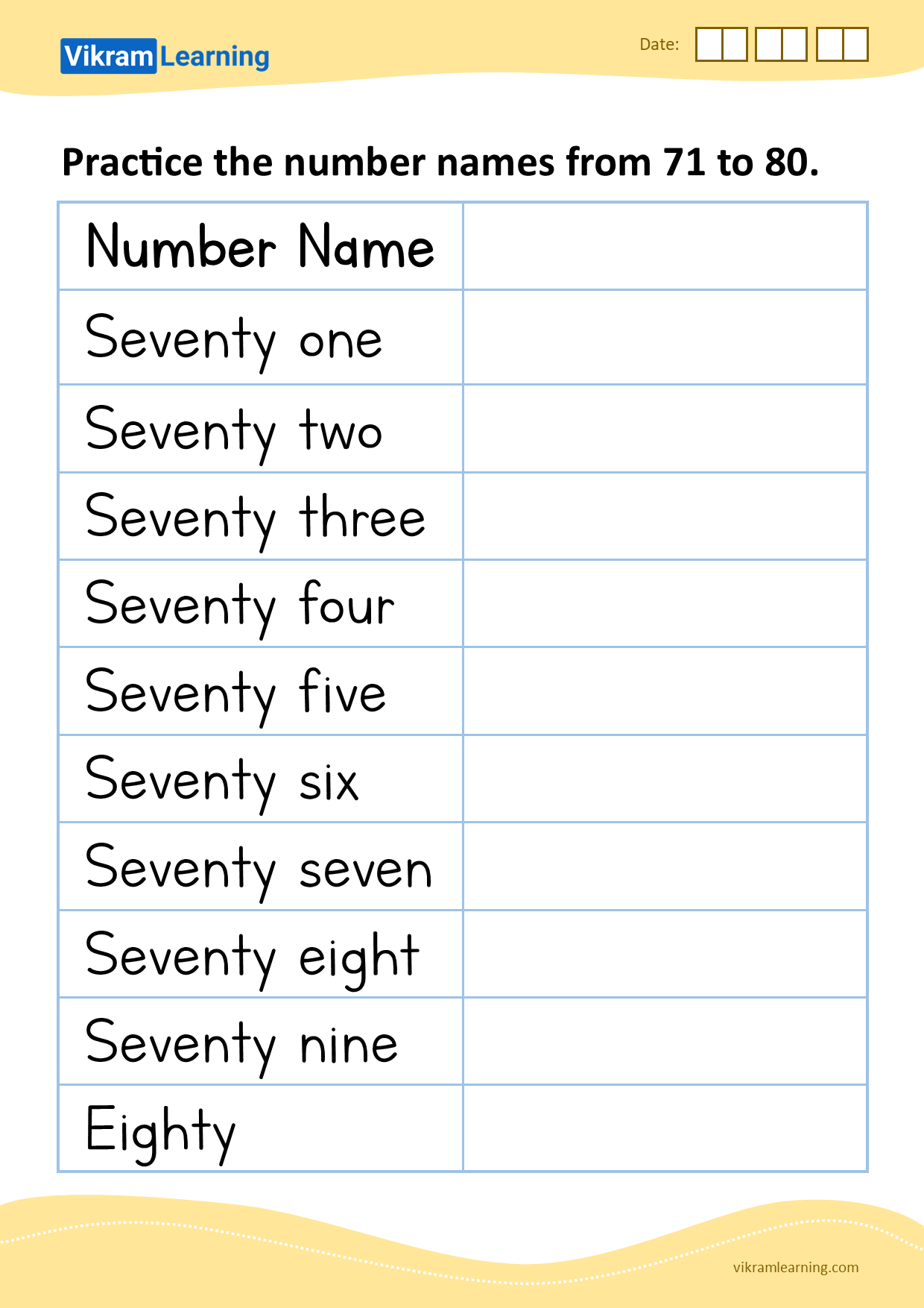 Download practice the number names from 71 to 80 worksheets