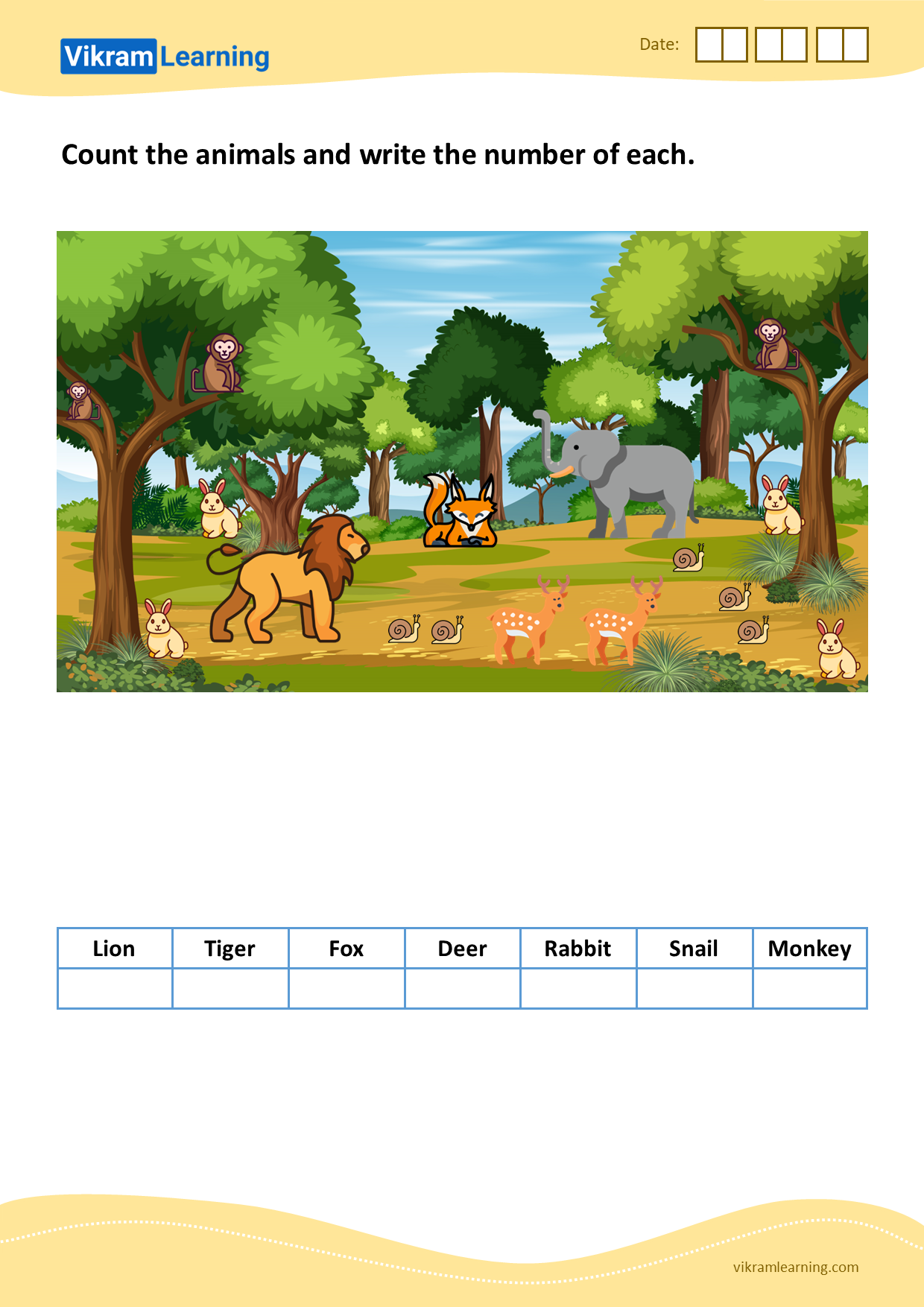 Download count the animals and write the number of each worksheets