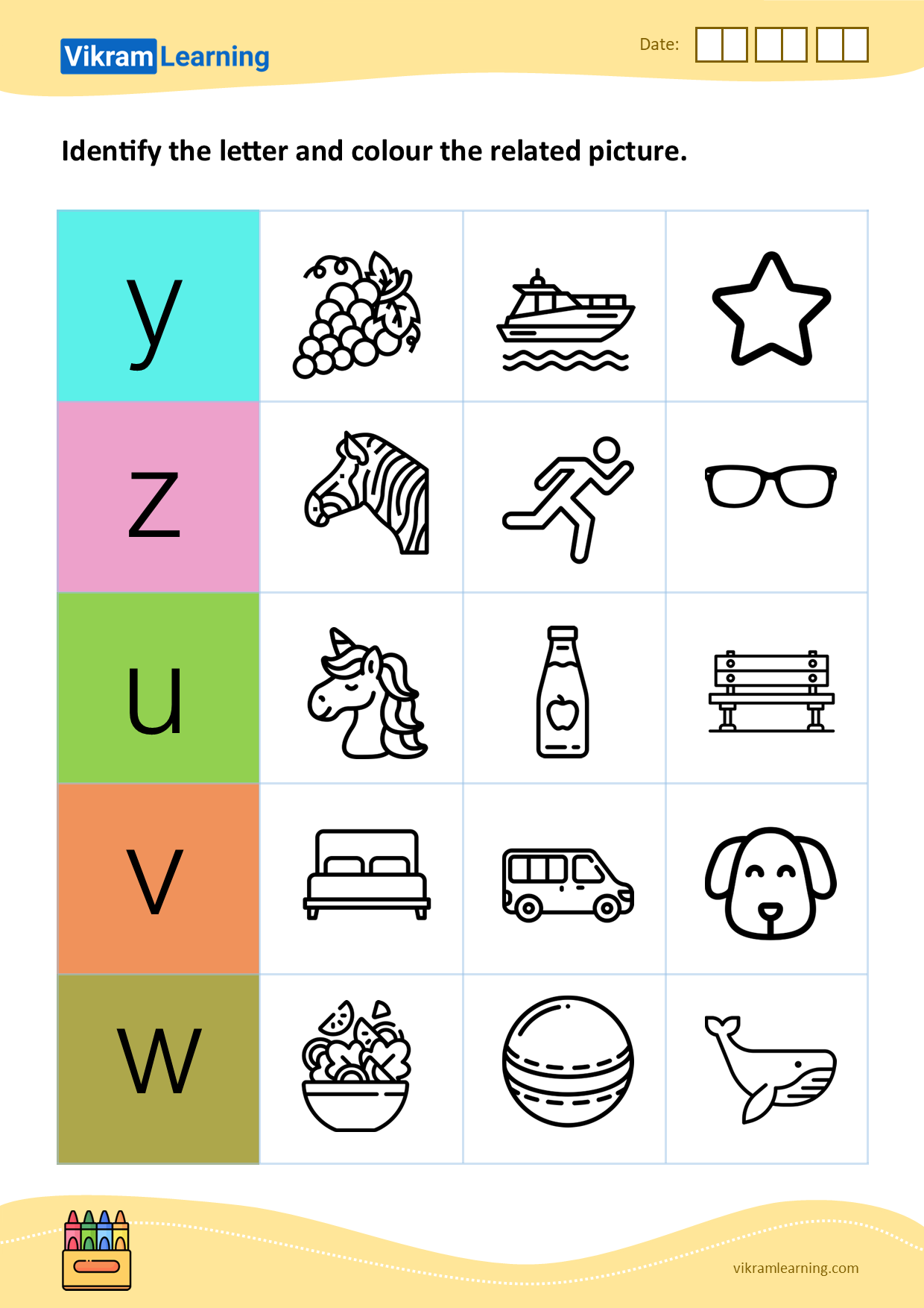 Download identify the letter and colour the related picture - pattern 22 worksheets