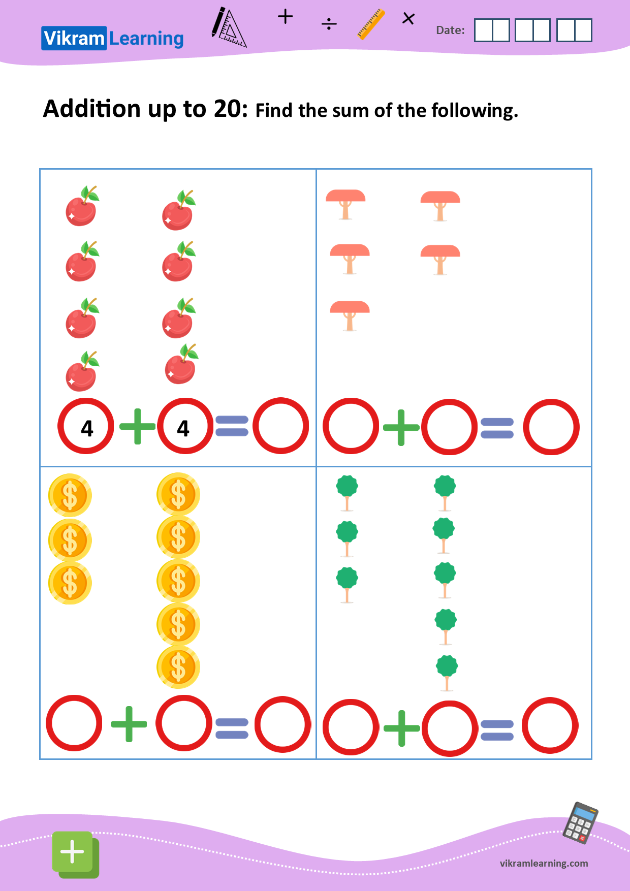 Download addition up to 20 using pictures worksheets