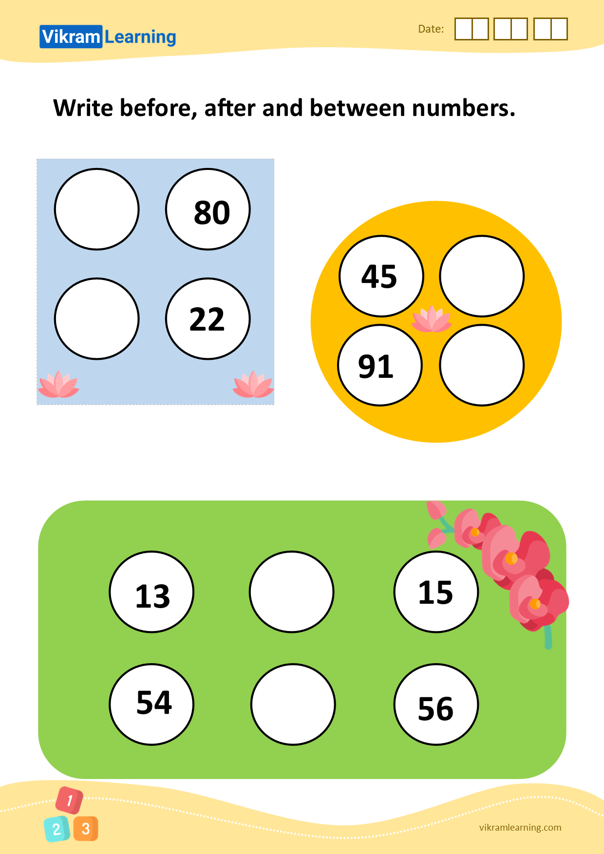 Download write before, after, and between numbers worksheets