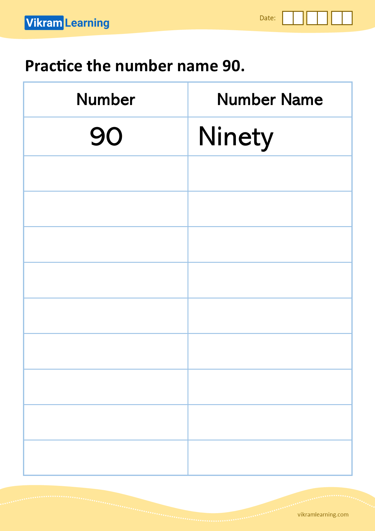 Download practice the number name 90 worksheets