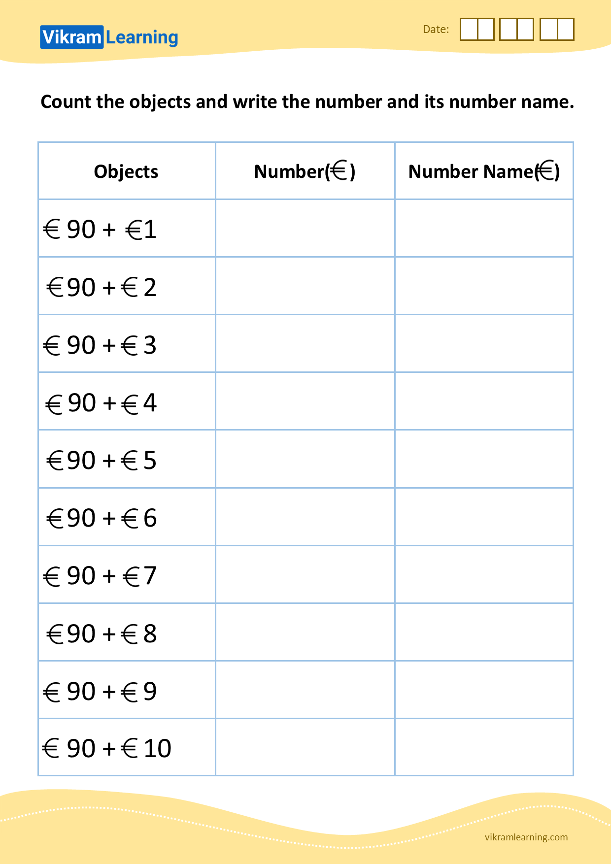 Download count the objects and write the number and its number name worksheets