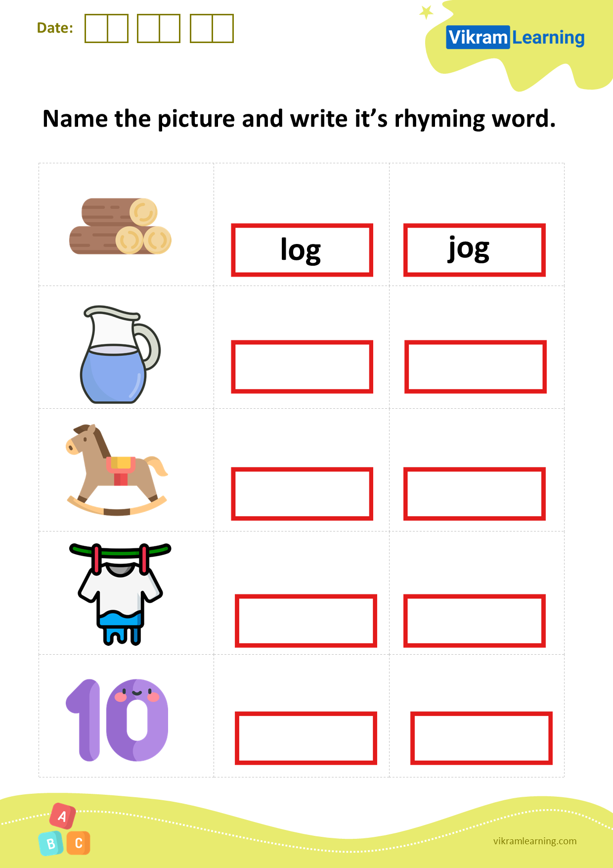 Download name the picture and write it’s a rhyming word worksheets