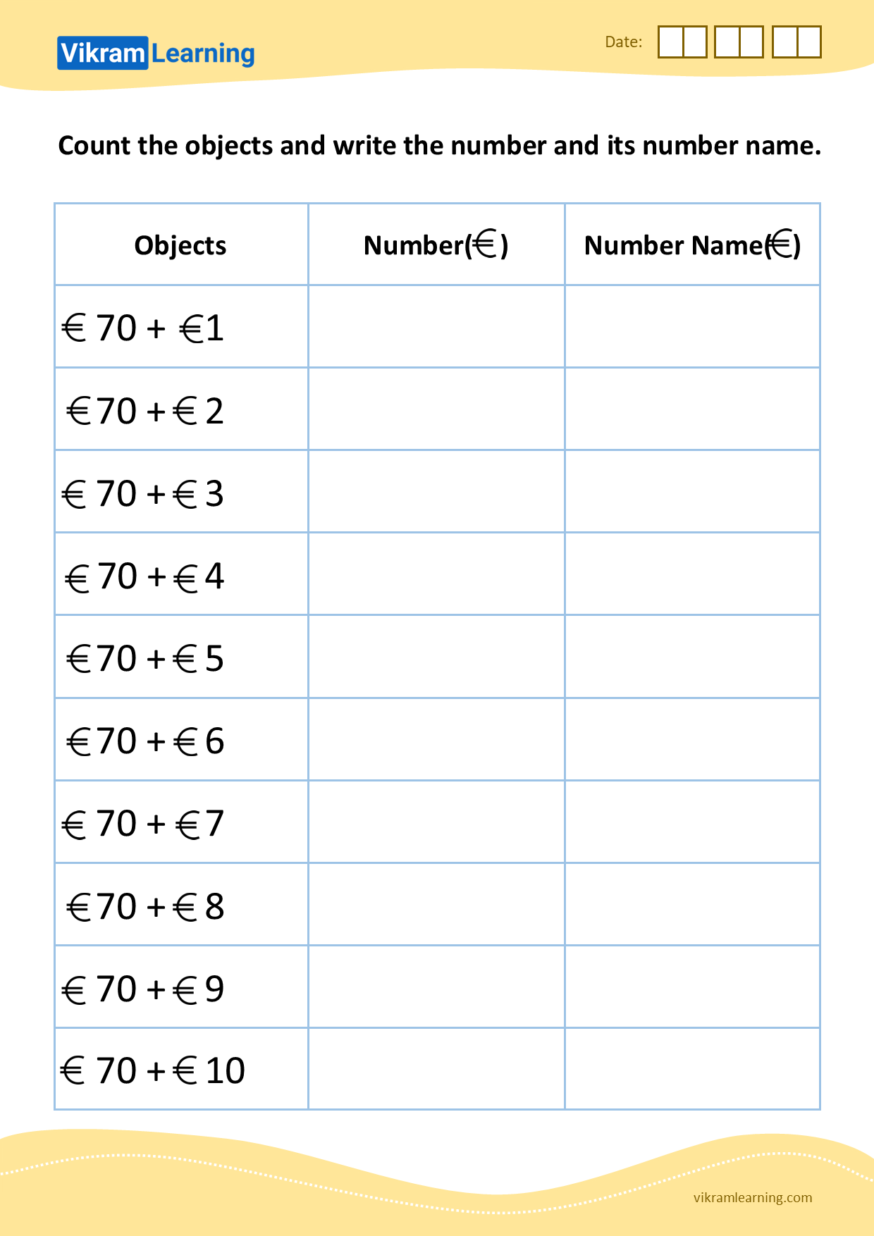 Download count the objects and write the number and its number name worksheets