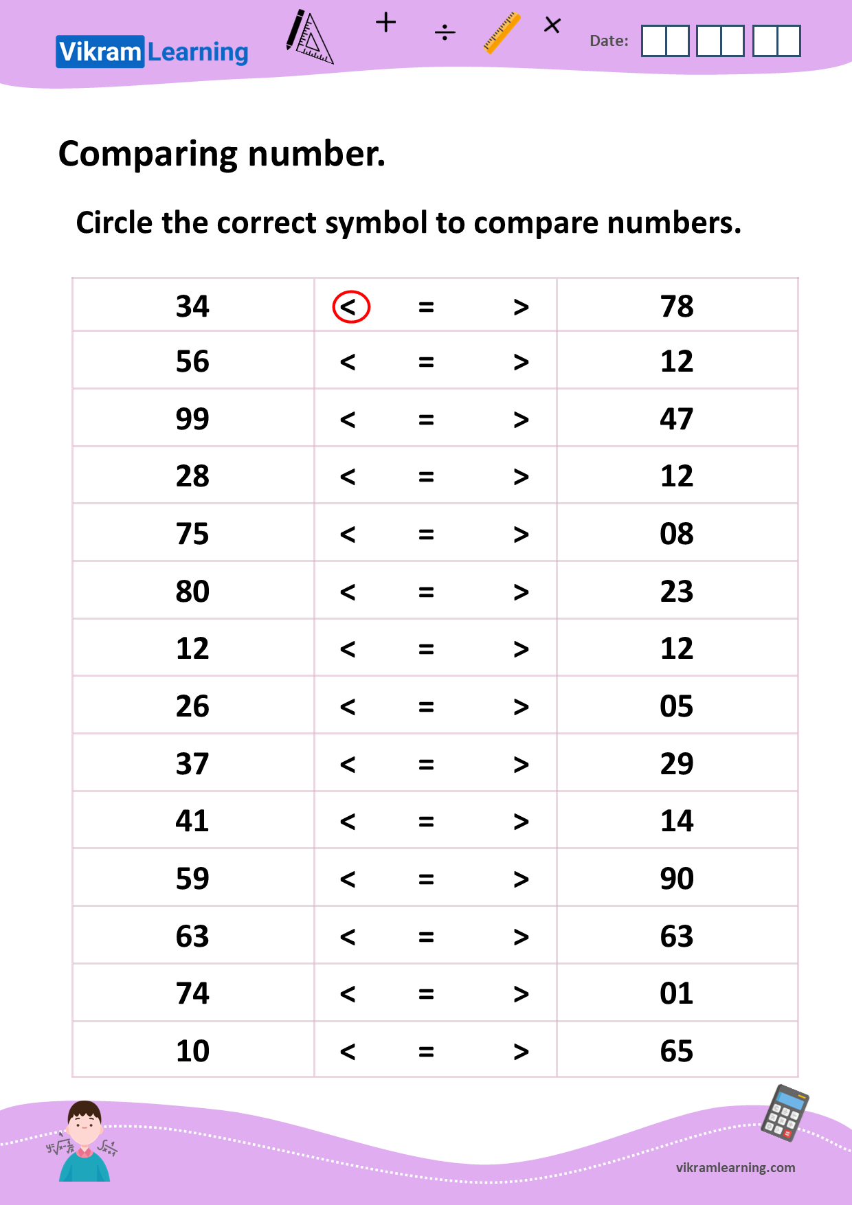 Download comparing numbers up to 100 worksheets