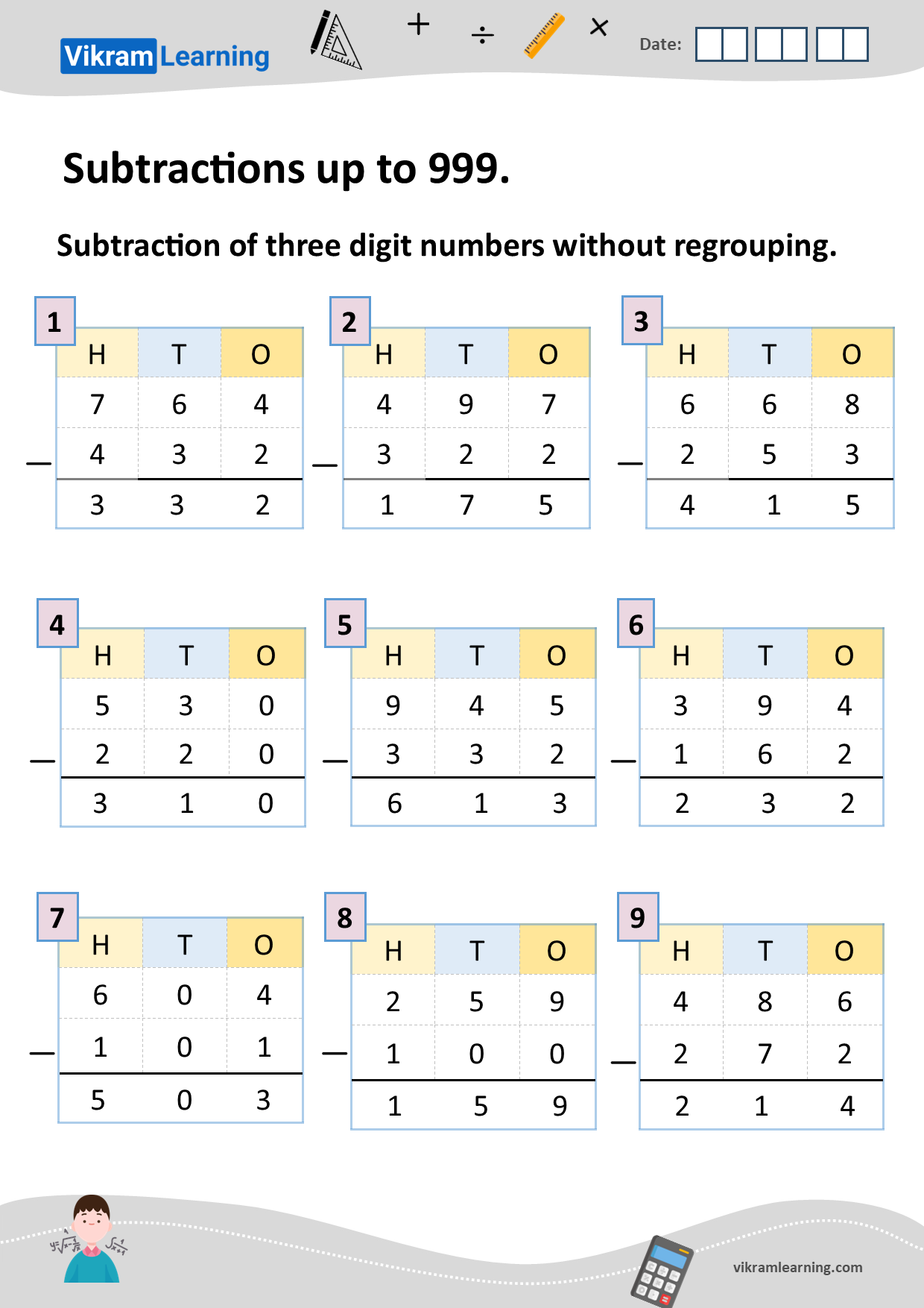 Download subtractions up to 999 worksheets