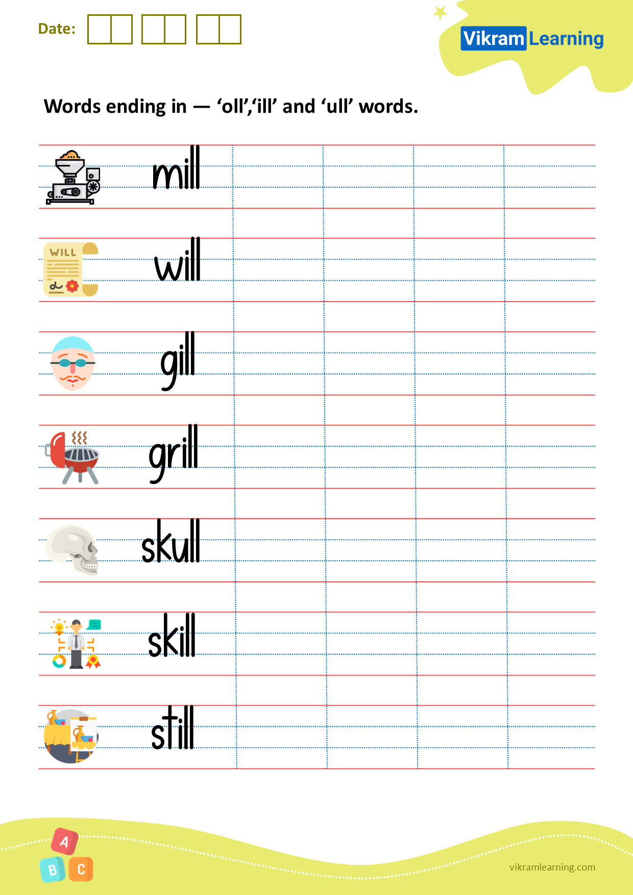 Download words ending in — ‘oll’,‘ill’ and ‘ull’ words worksheets