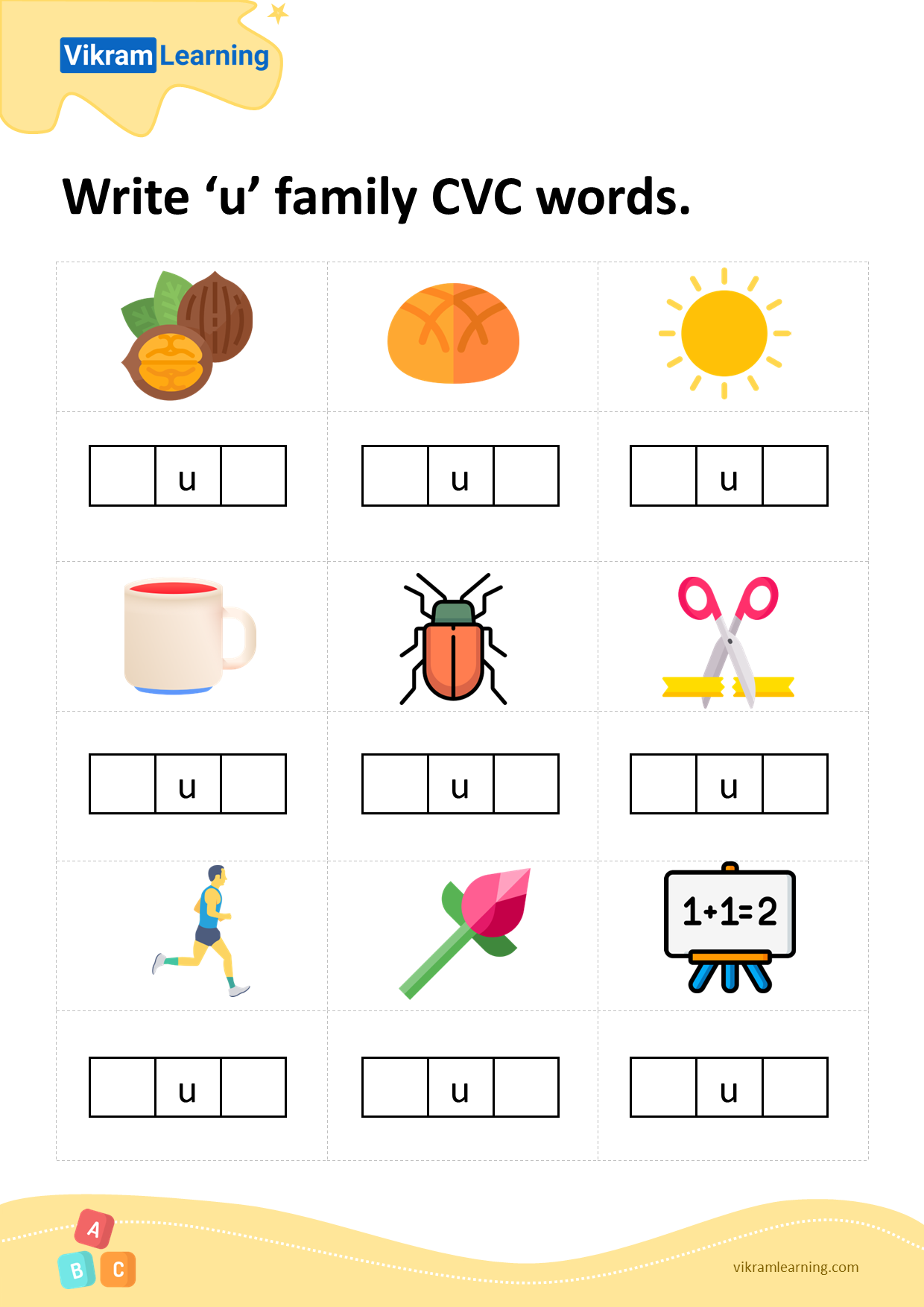 Download write 'u' family cvc words worksheets