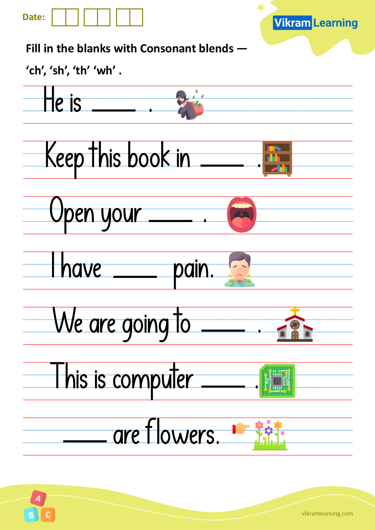 Download fill in the blanks with consonant blends — ‘ch’, ‘sh’, ‘th’ ‘wh’ worksheets