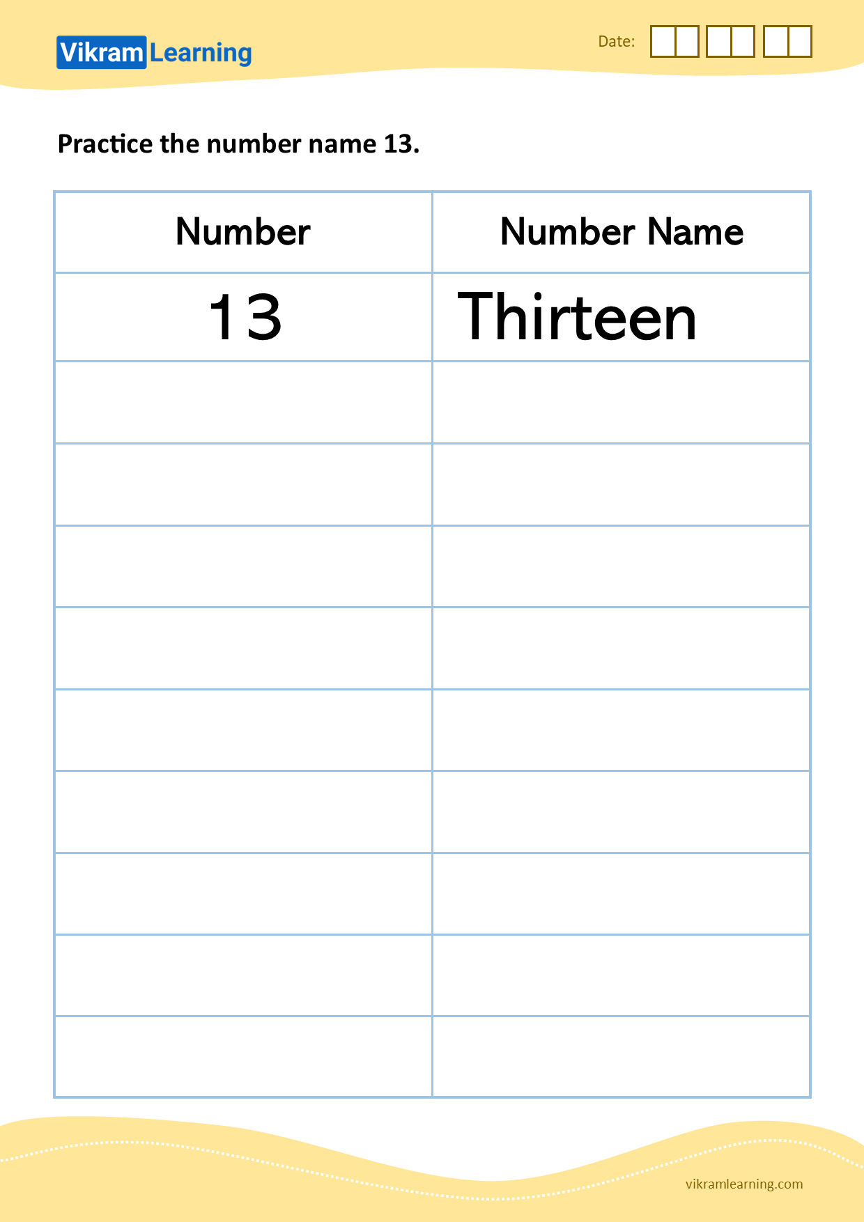 Download practice the number name 13 worksheets