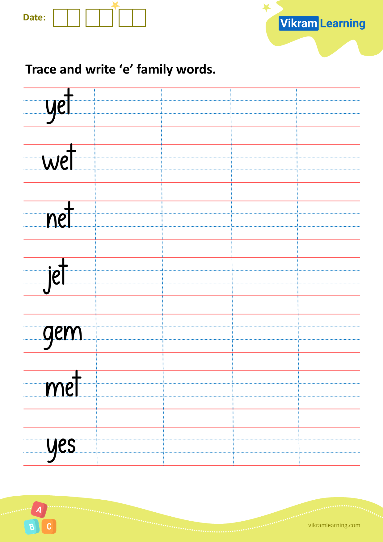 Download trace and write ‘e’ family words worksheets