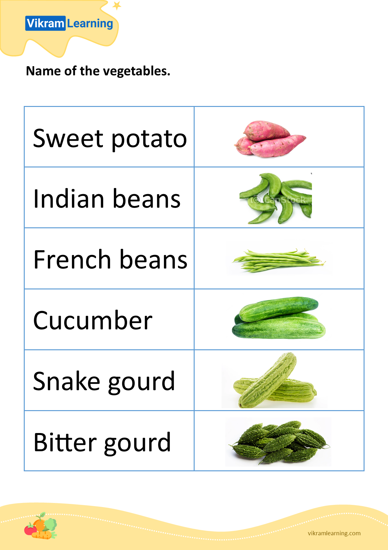 Download name of the vegetables - 5 worksheets