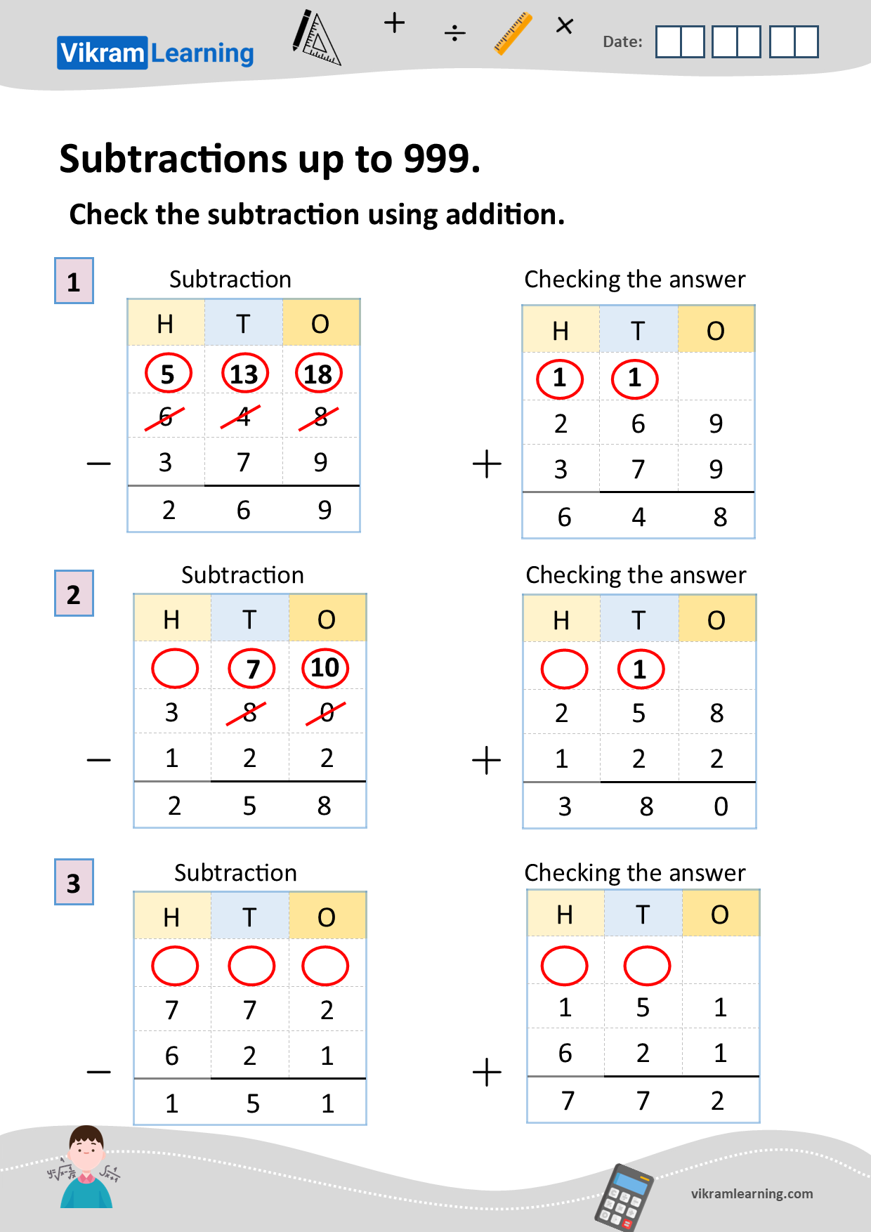 Download subtractions up to 999 worksheets