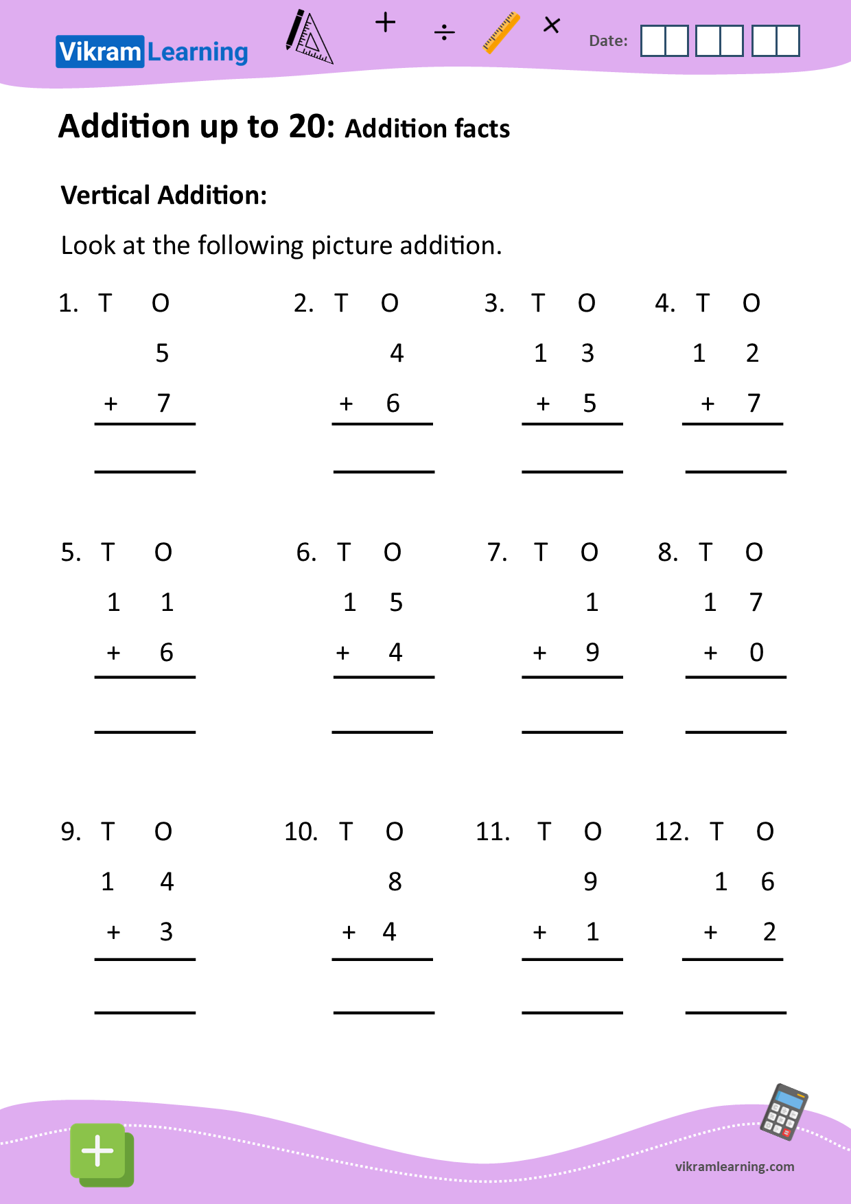 Download addition up to 20 using vertical addition worksheets