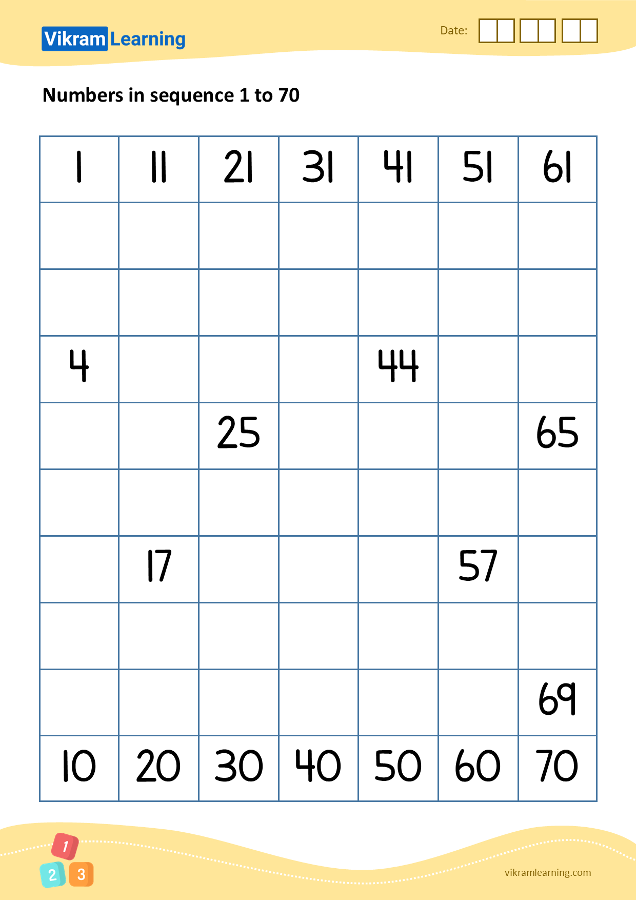 Download 05 - numbers in sequence 1 to 70 worksheets