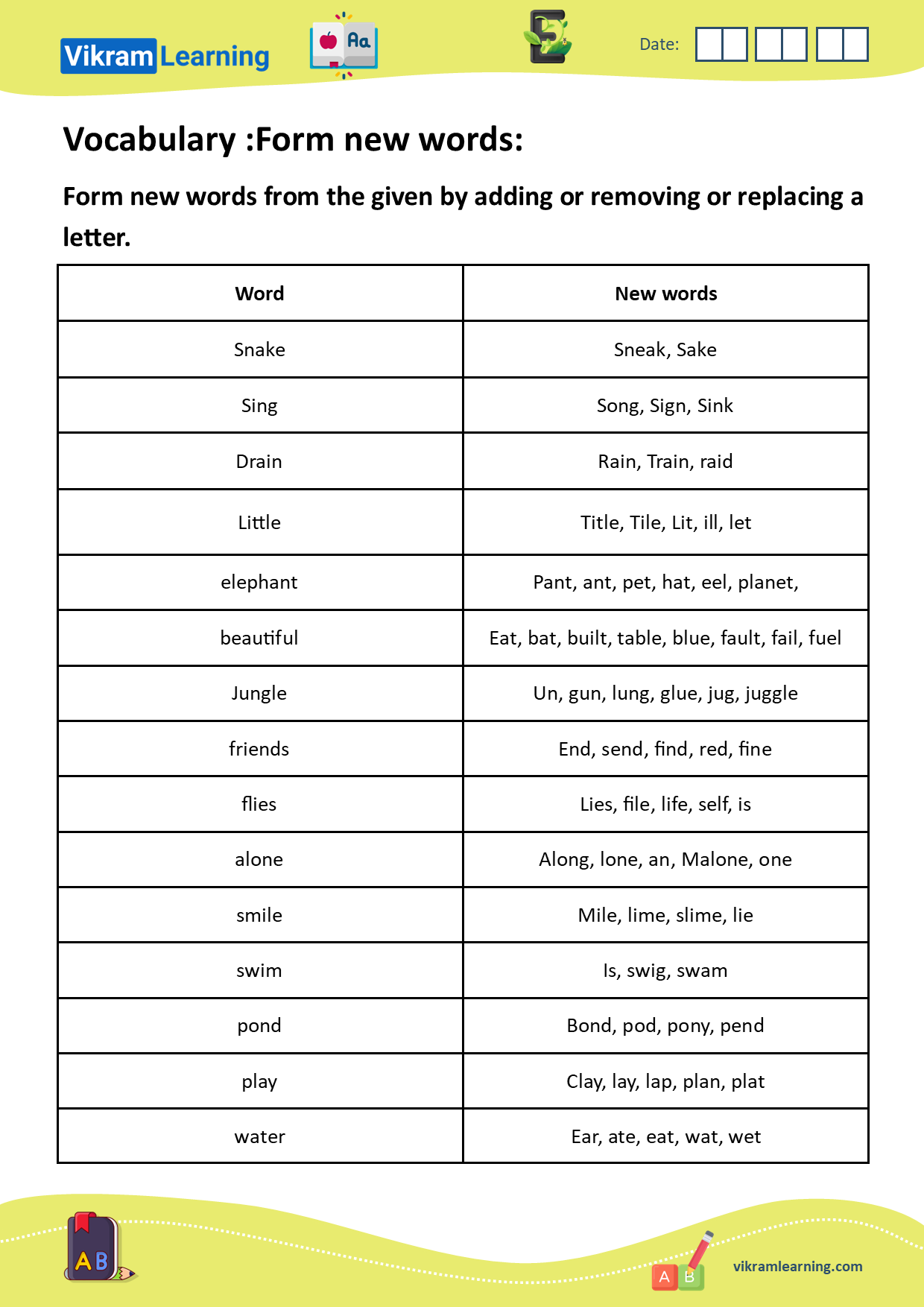 Download vocabulary: unscramble words, form new words, words ladder, forming new words by adding, removing, or replacing letters, build new words, example: beautiful: eat, bat, built, table, blue, fault, fail, fuel, elephant: pant, ant, pet, hat, eel, planet, etc. worksheets