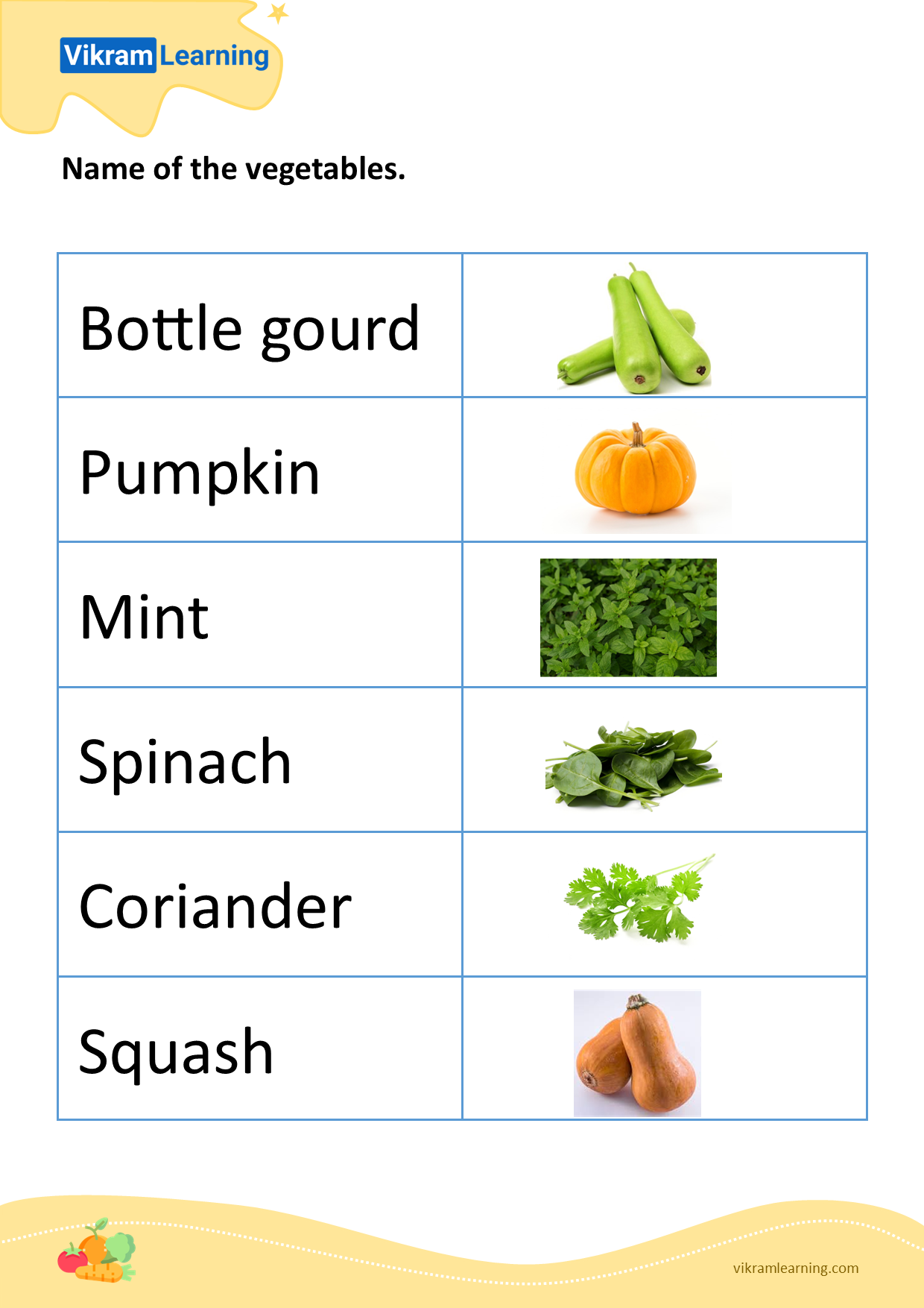 Download name of the vegetables - 6 worksheets