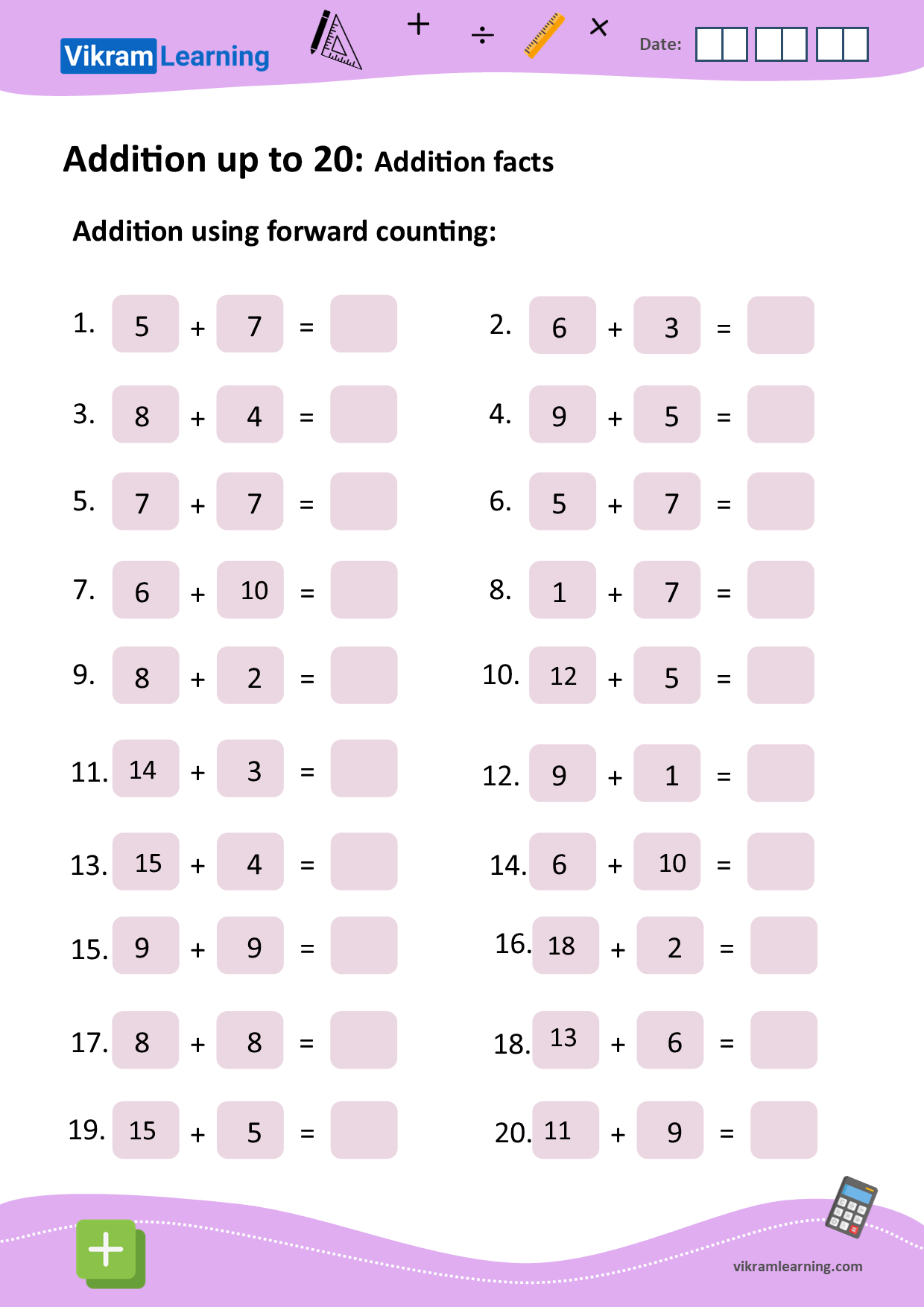 Download addition up to 20 using forward counting worksheets