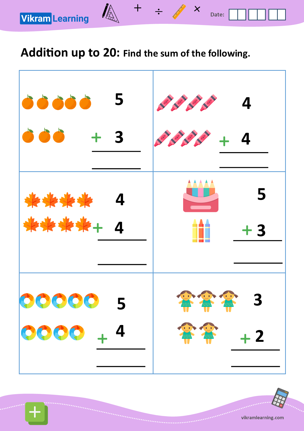 Download addition up to 20 using pictures worksheets | vikramlearning.com