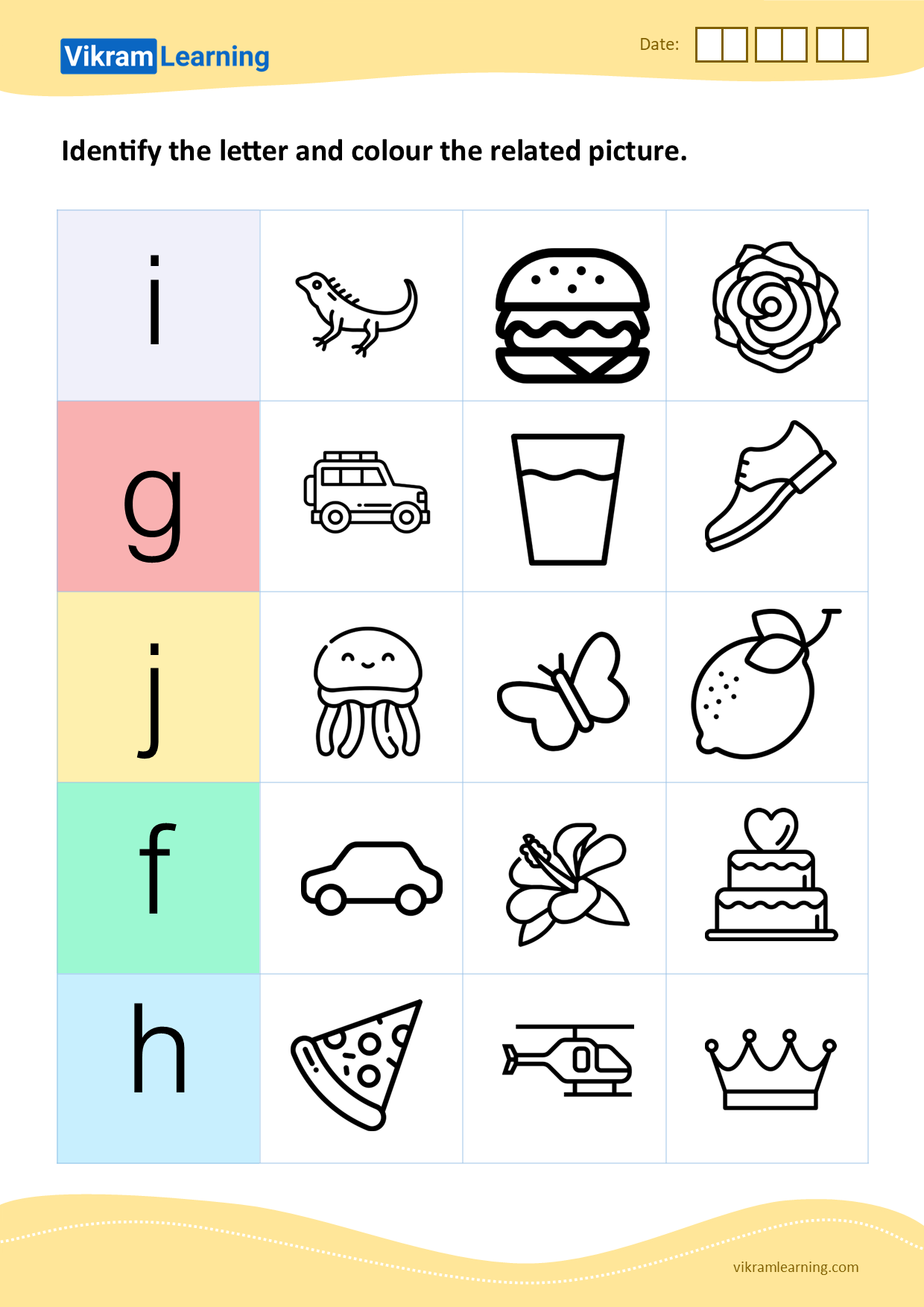 Download identify the letter and colour the related picture (f to j) - pattern 3 worksheets