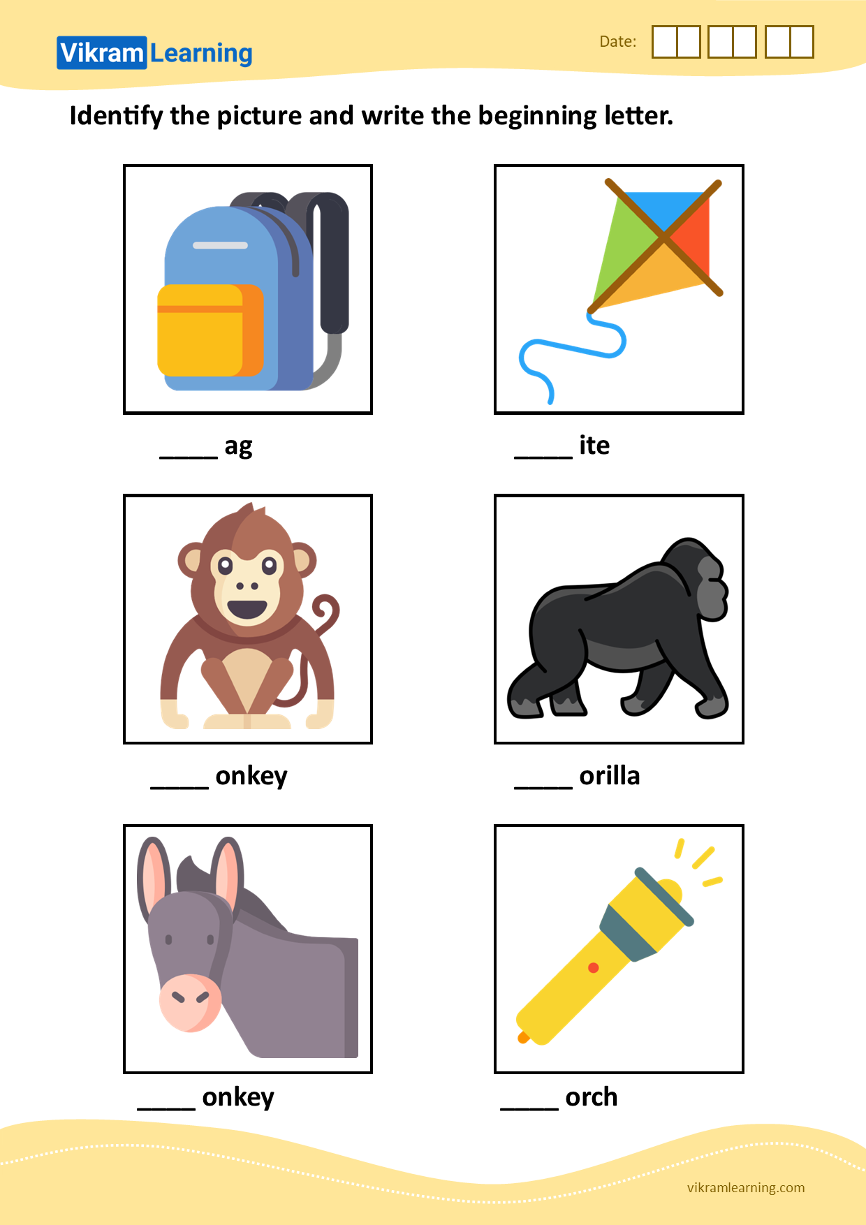 Download identify the picture and write the beginning letter - pattern 2 worksheets