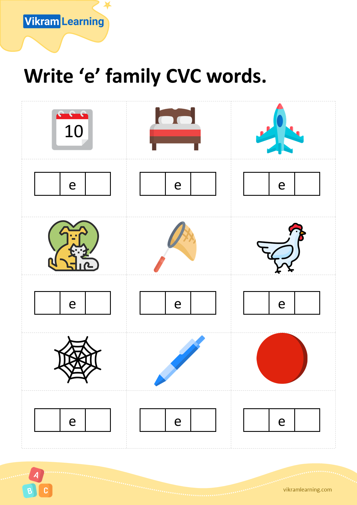 Download write 'e' family cvc words worksheets