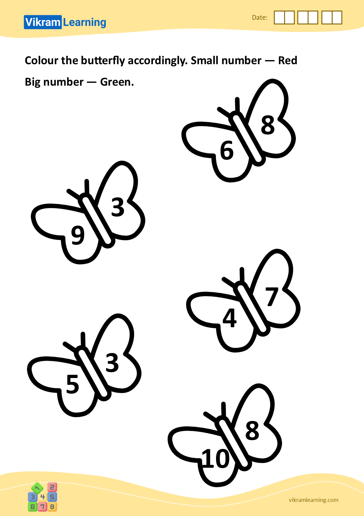 Download colour the butterfly accordingly. small number — red
big number — green. worksheets
