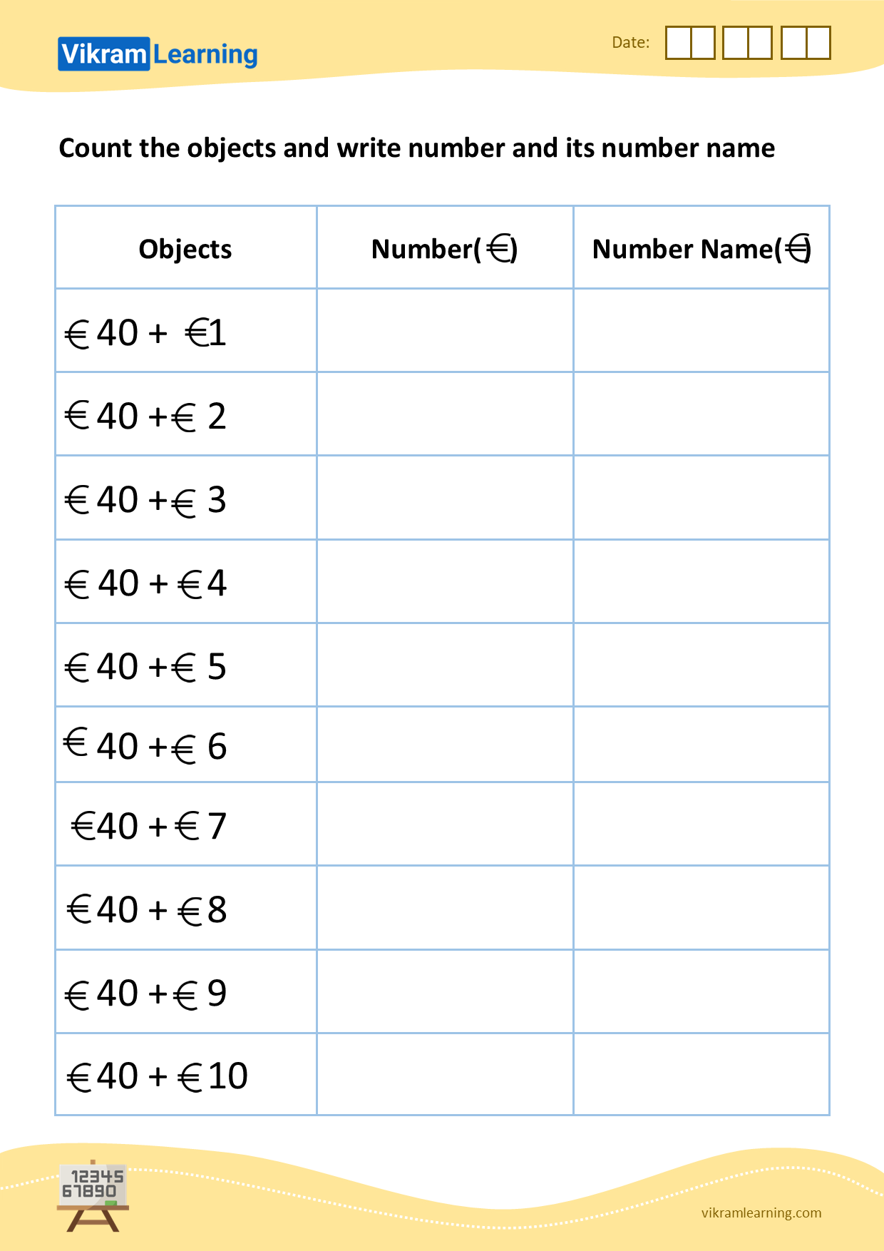 Download count the objects and write number and its number name - 4 worksheets