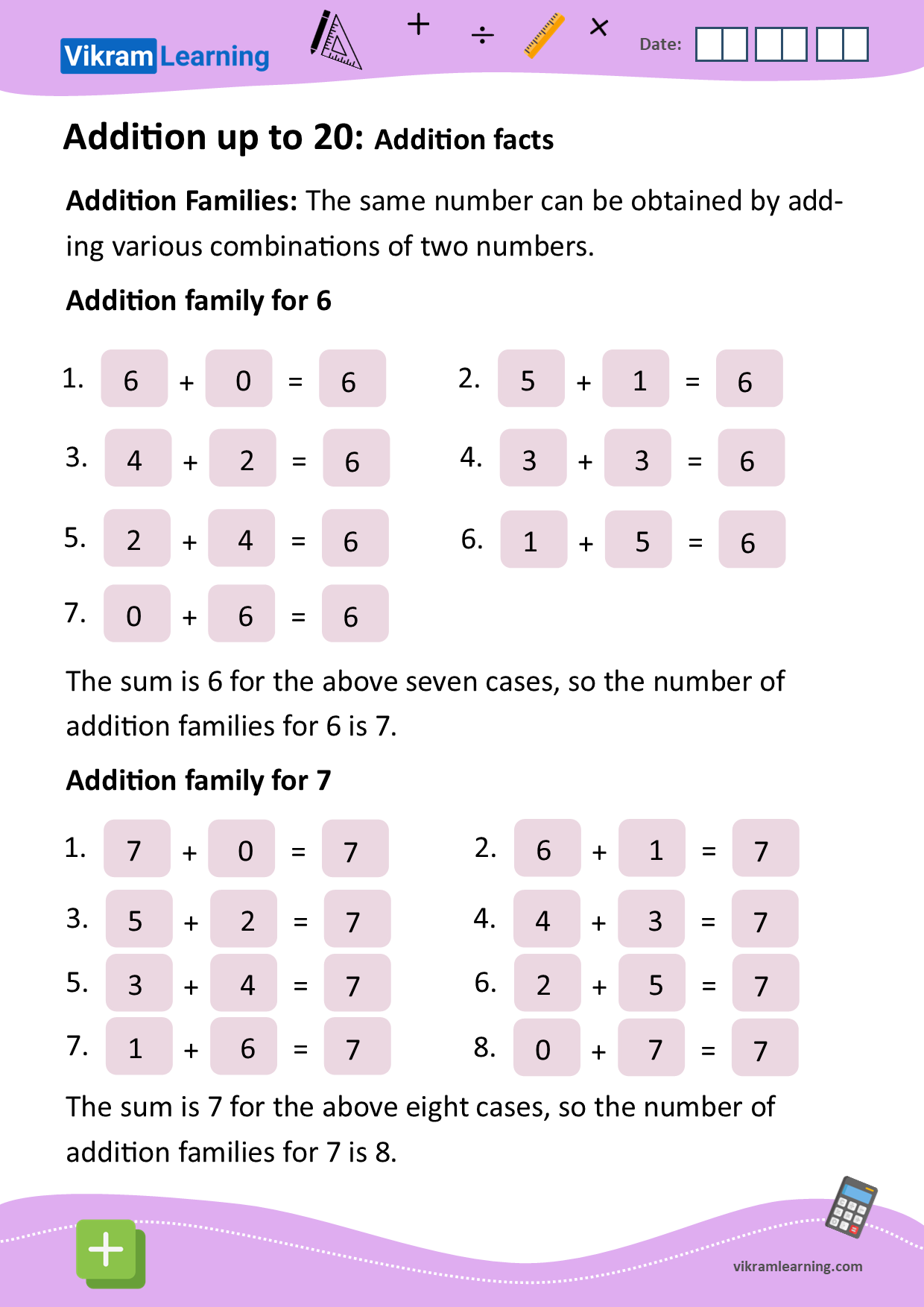 Download addition families worksheets