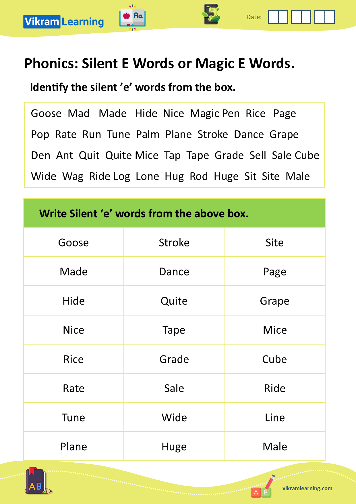 Download phonics silent e words or magic e words worksheets