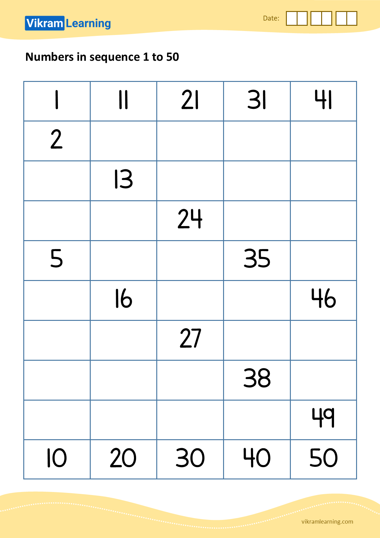 Download 05 - numbers in sequence 1 to 50 worksheets