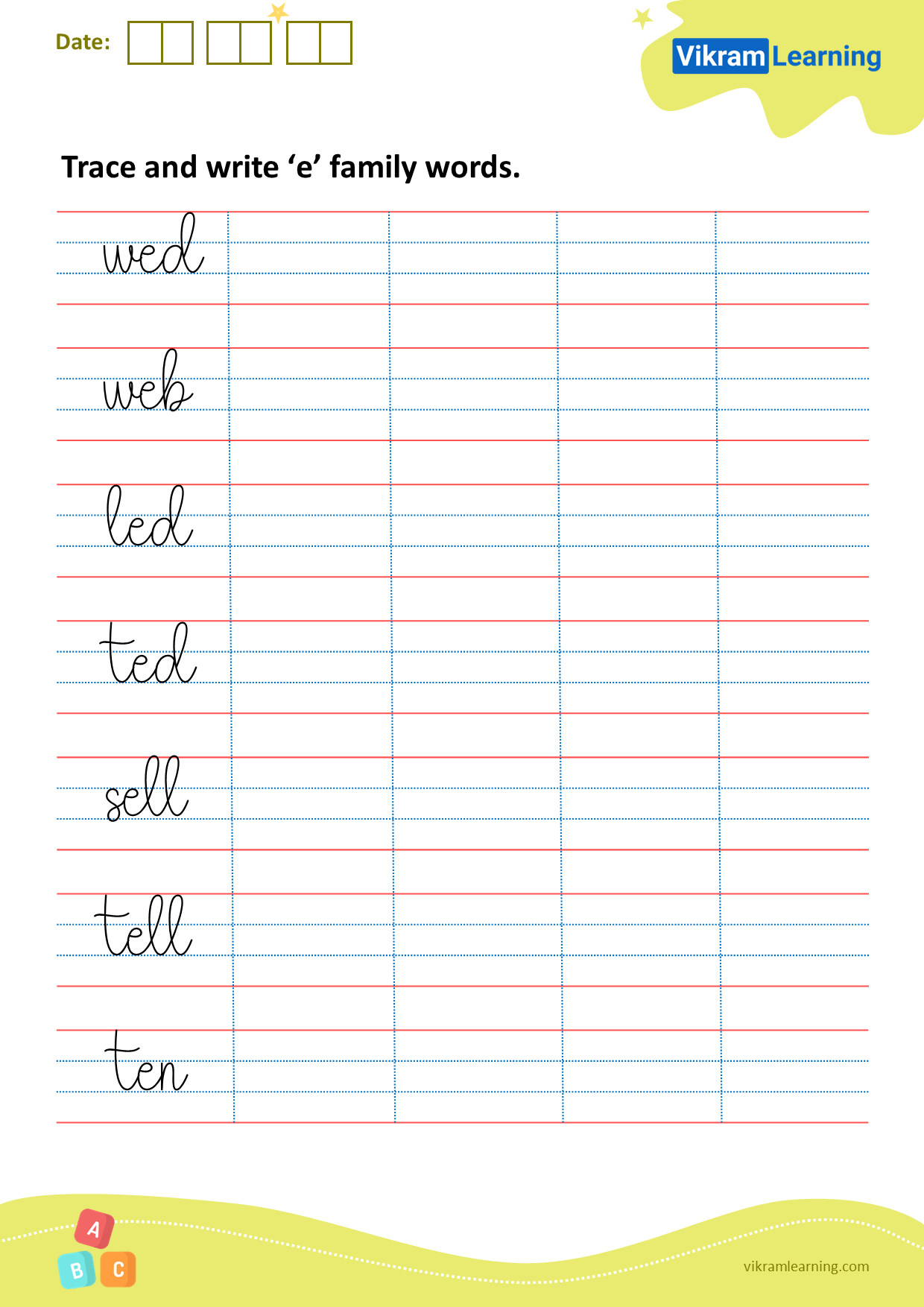 Download trace and write ‘e’ family words worksheets