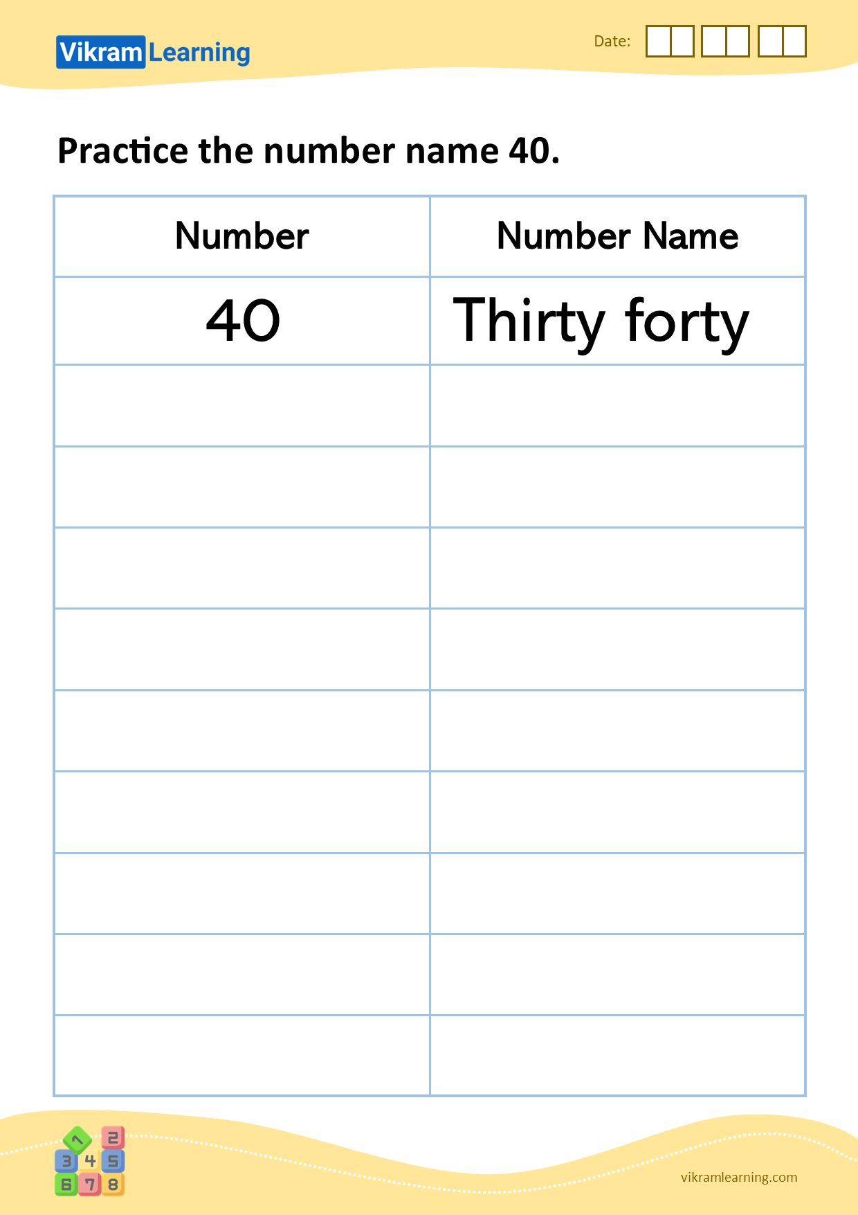 Download practice the number name 40 worksheets