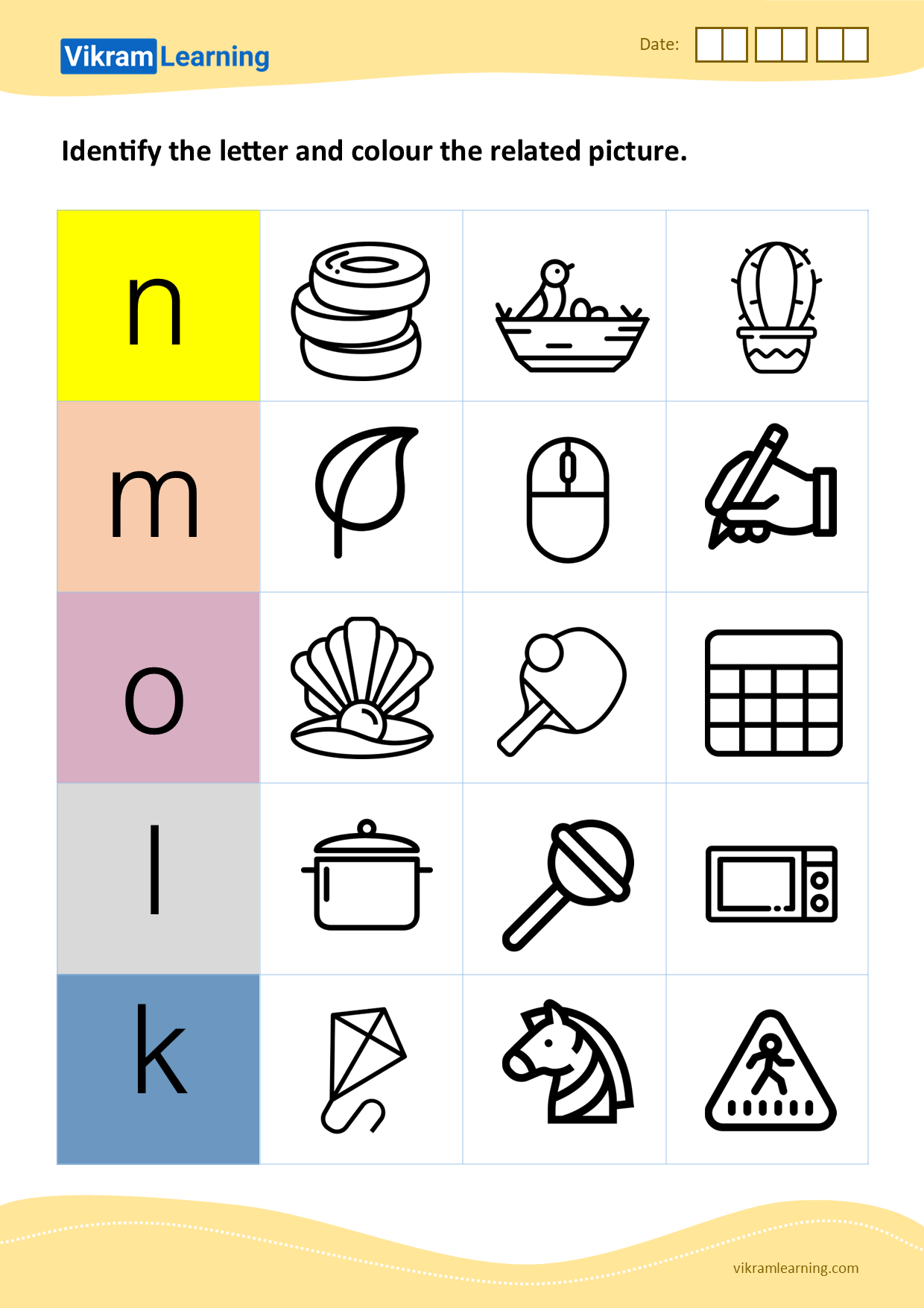 Download identify the letter and colour the related picture (k to o) - pattern 4 worksheets