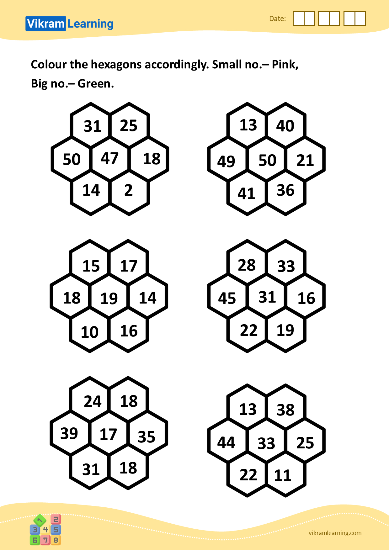 Download colour the hexagons accordingly. small no.– pink, big no.– green worksheets