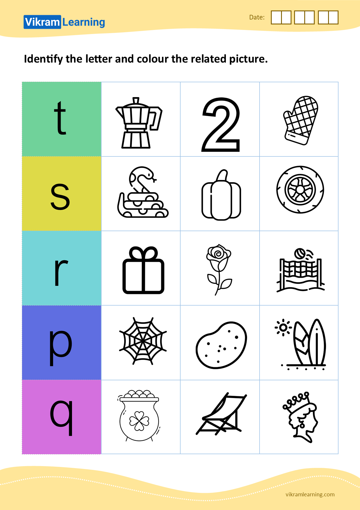 Download identify the letter and colour the related picture (p to t) - pattern 2 worksheets