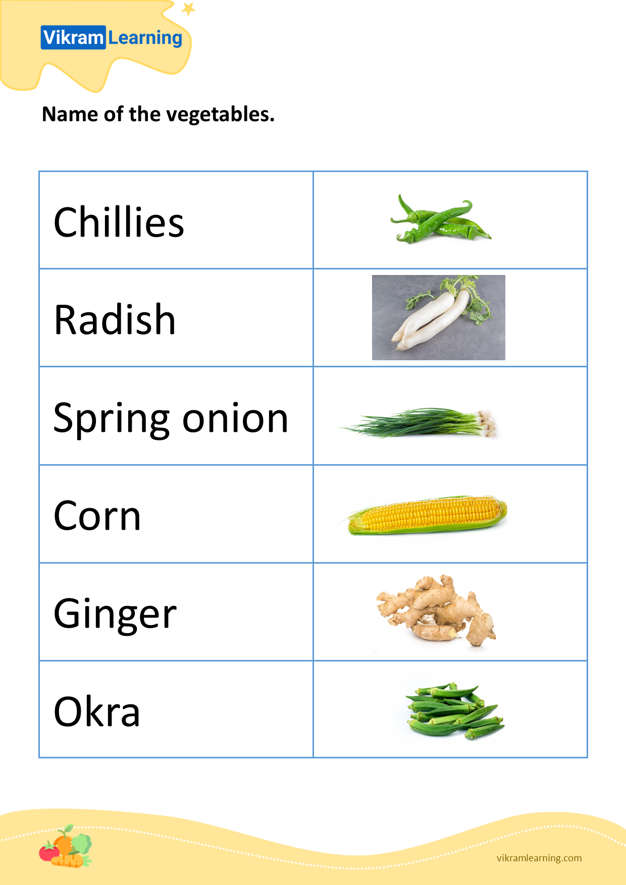 Download name of the vegetables - 3 worksheets