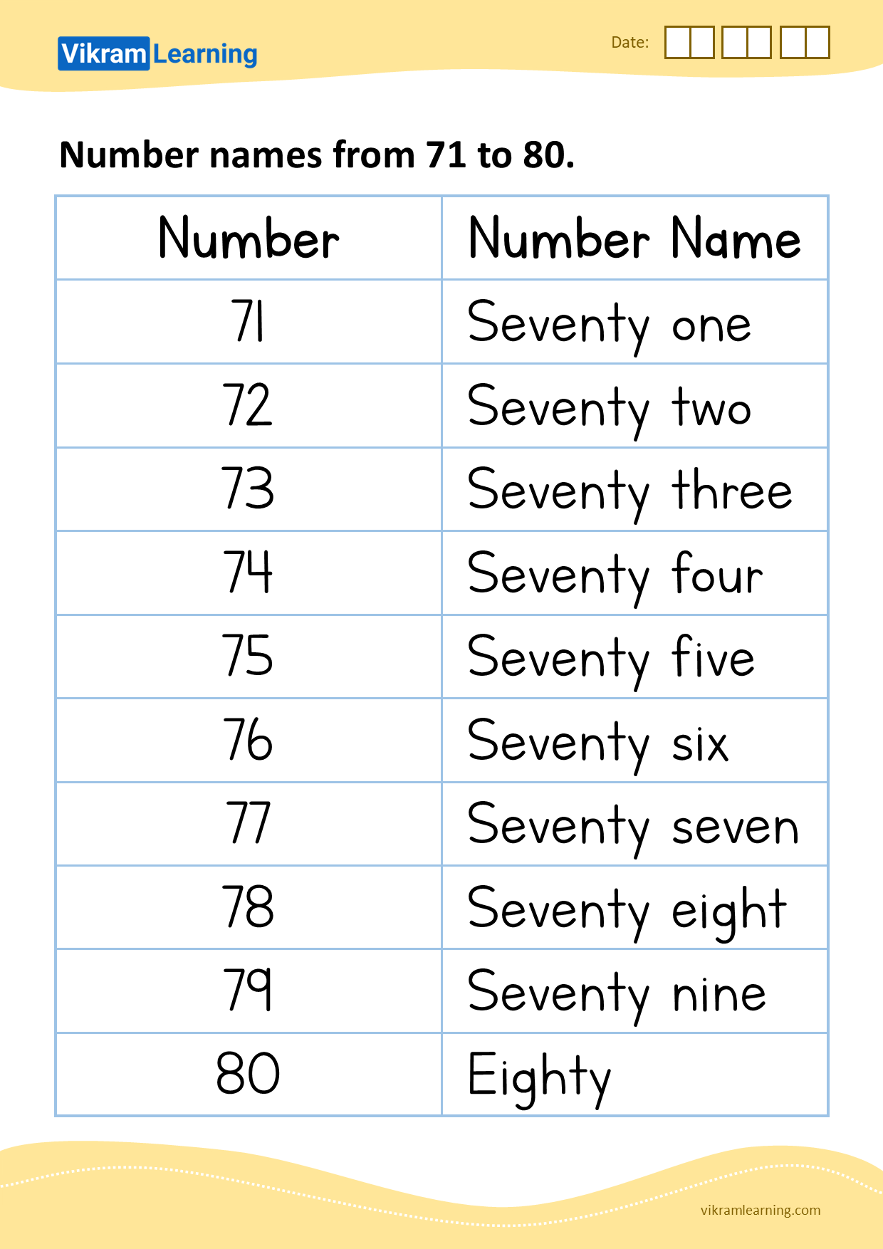 Download number names from 71 to 80 worksheets