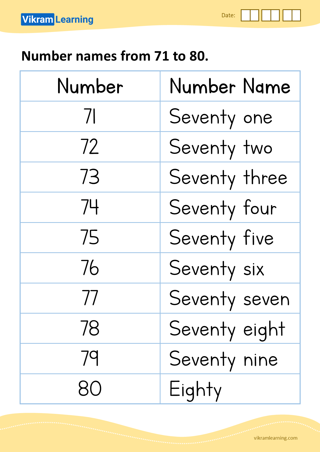 Download Number Names From 71 To 80 Worksheets Vikramlearning