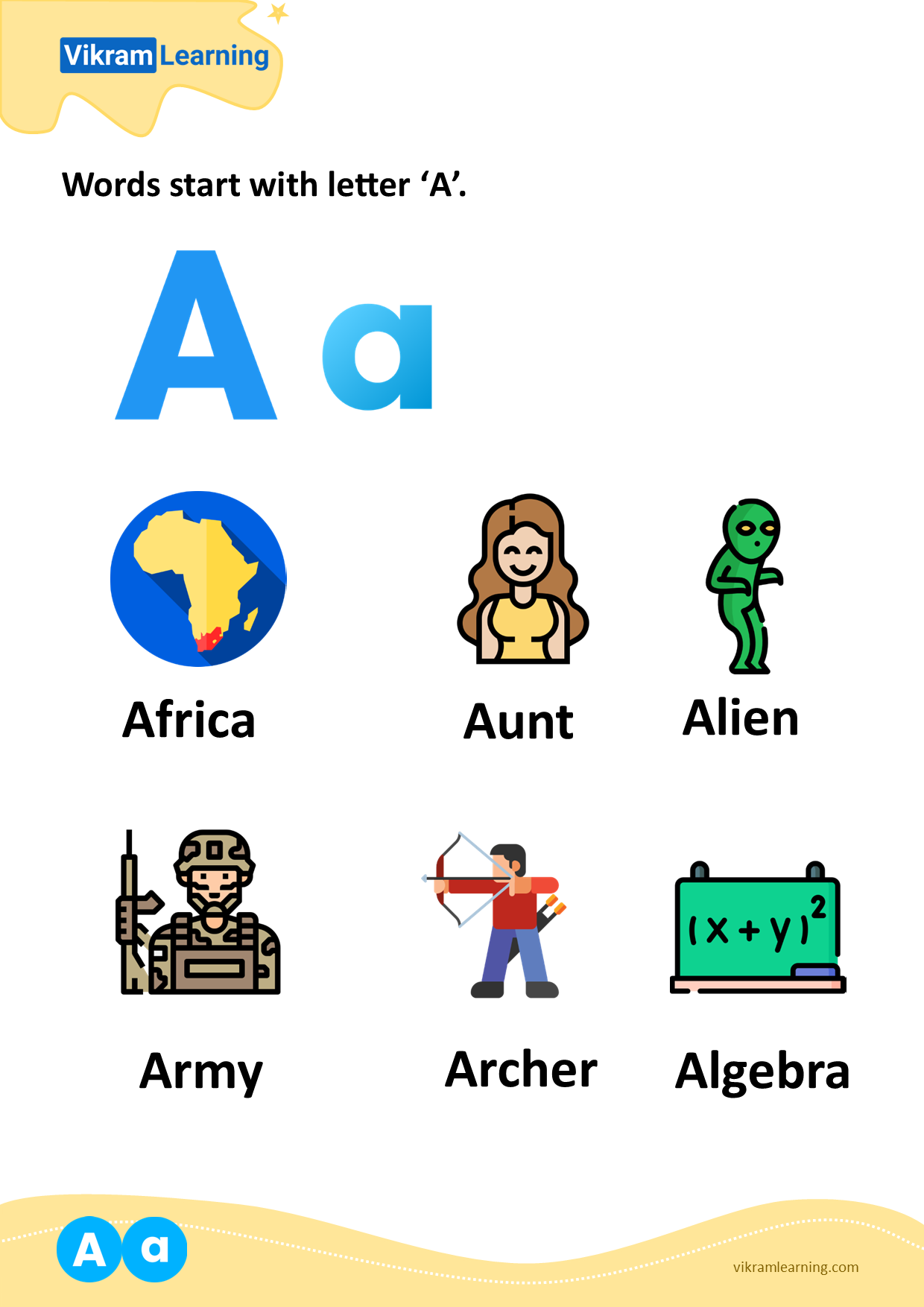 Download words start with letter 'a' worksheets