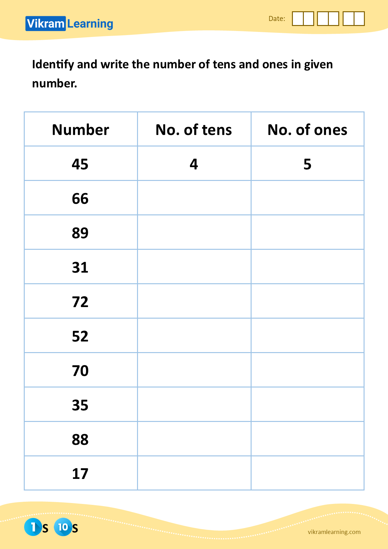 Download identify and write the number of tens and ones in given number worksheets