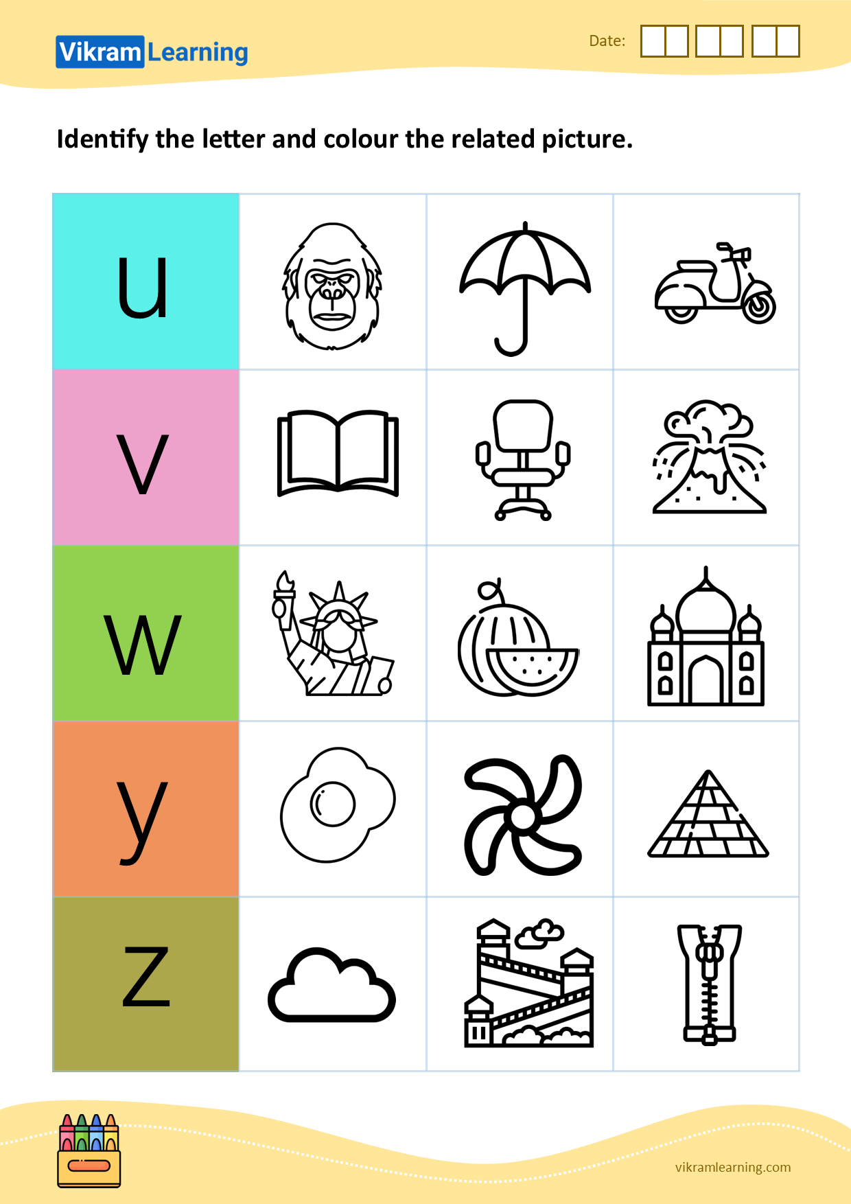 Download identify the letter and colour the related picture - pattern 25 worksheets
