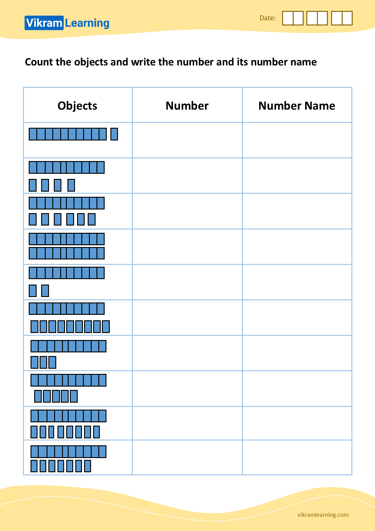 Download count the objects and write the number and its number name (11 to 20) worksheets