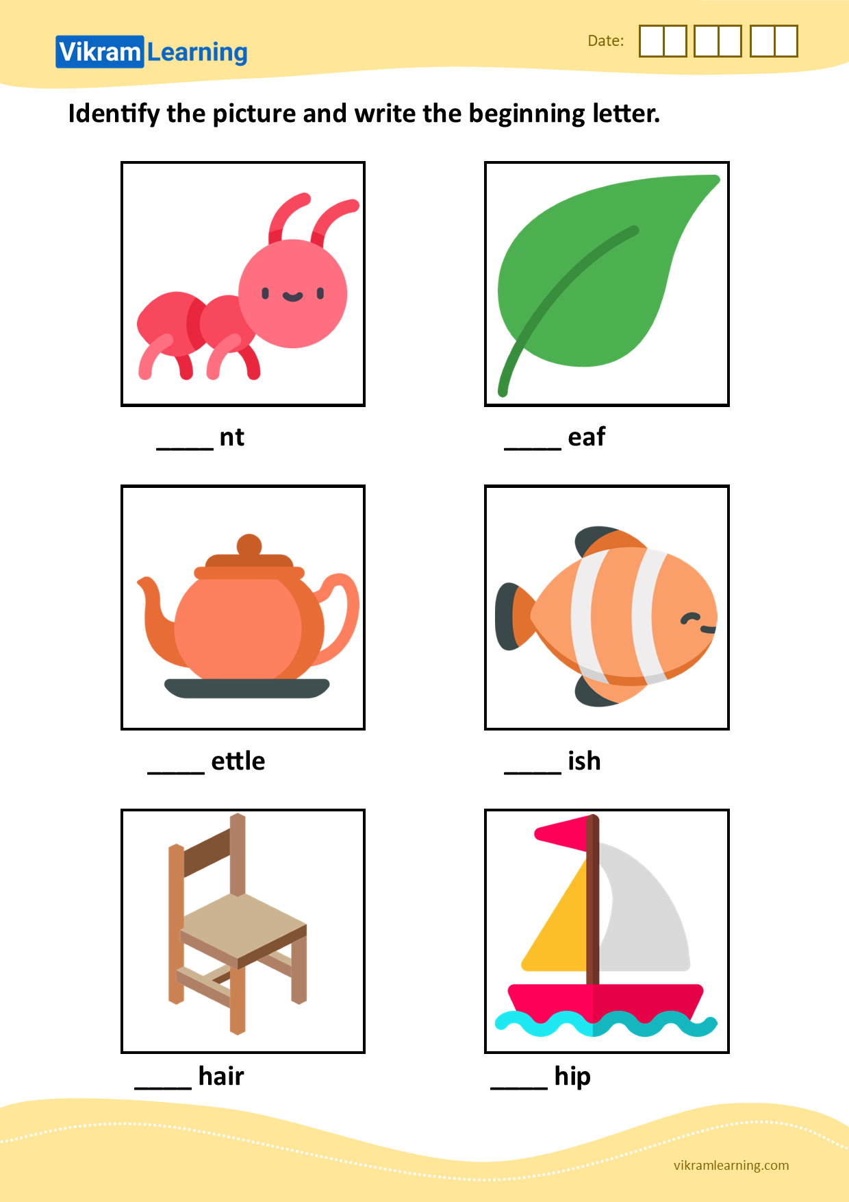 Download identify the picture and write the beginning letter - pattern 1 worksheets